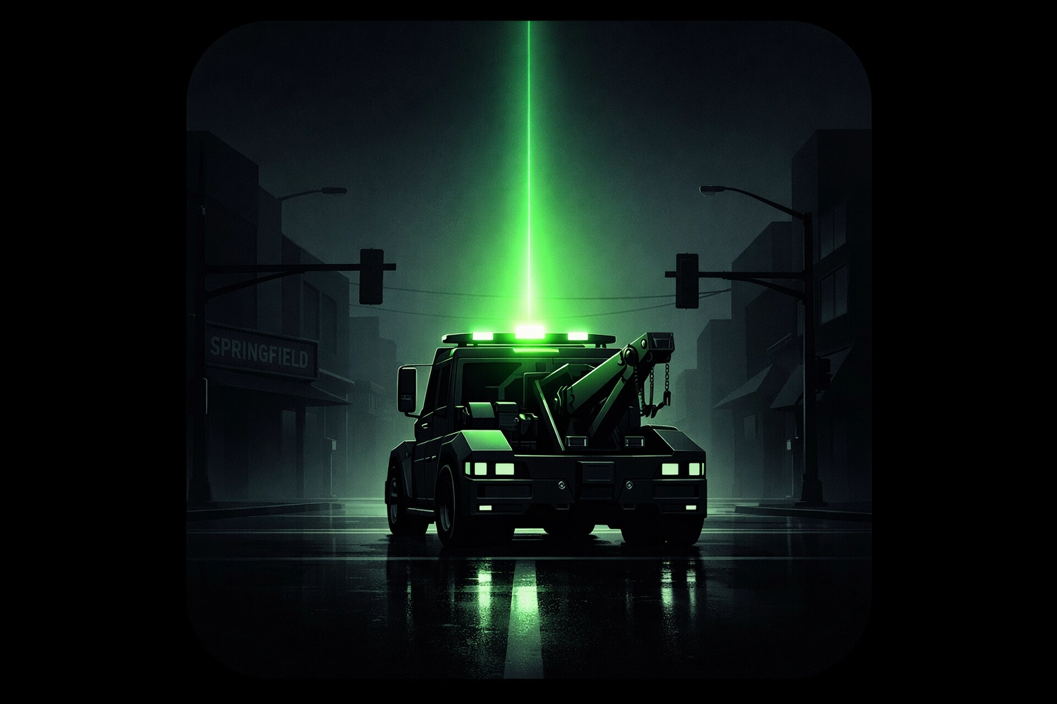 Emergency tow truck at a Springfield MO intersection at dawn, illustrating rapid roadside assistance response.