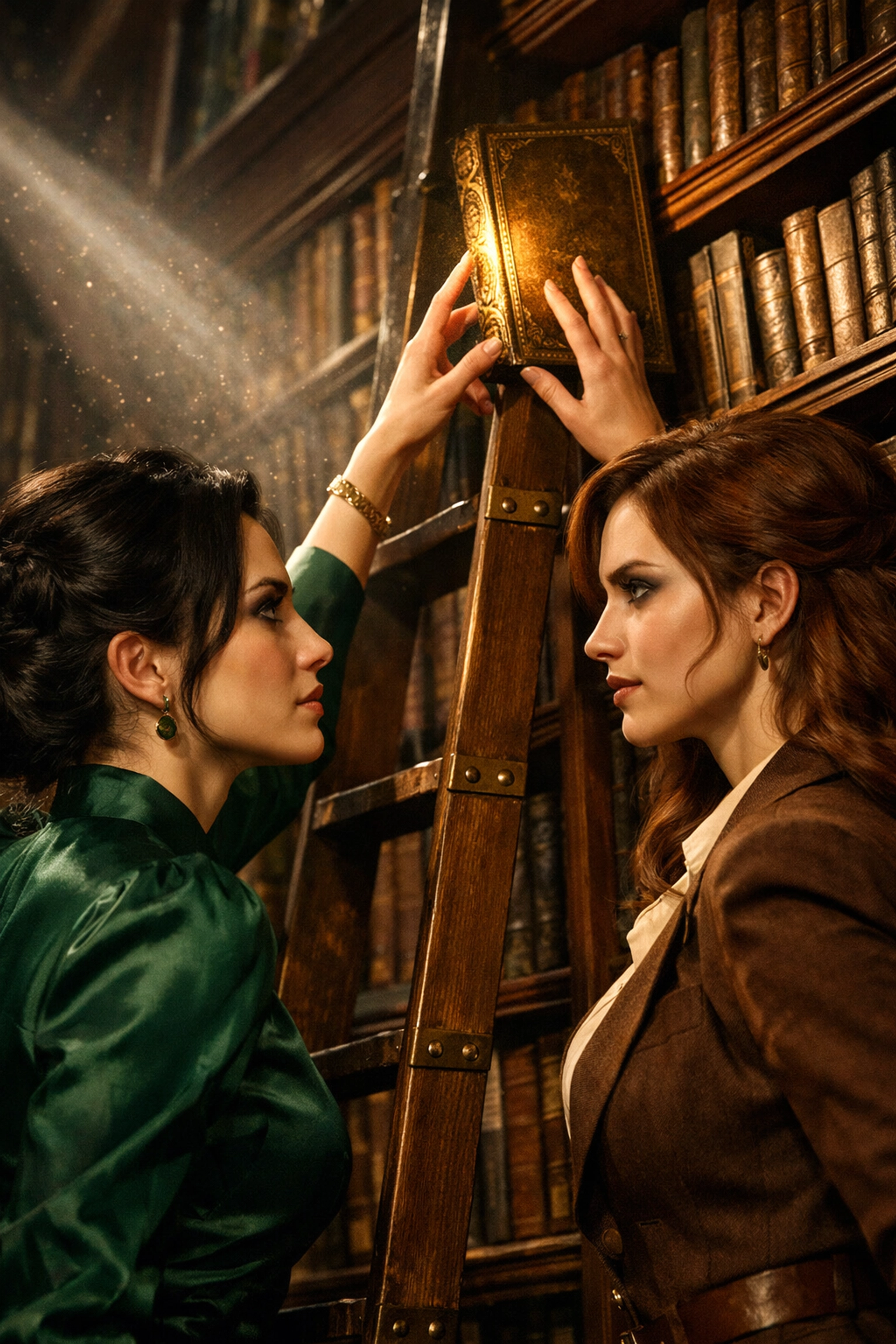 Two women reaching for the same book in a grand library, illustrating the enemies-to-lovers trope in lesbian romance novels.
