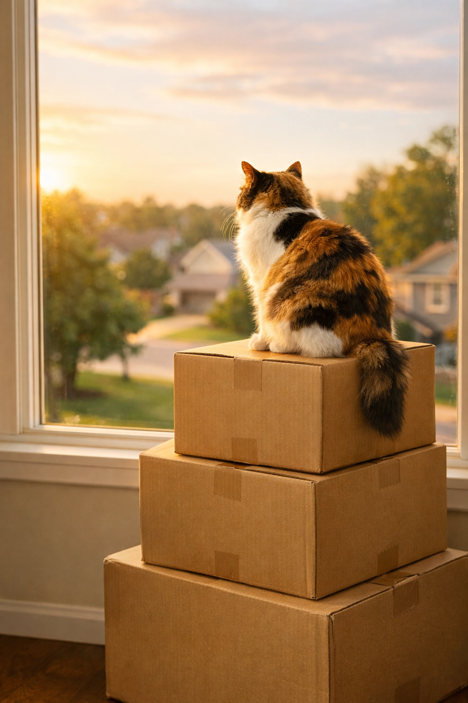 A cat on moving boxes overlooking a neighborhood, perfect for working with a realtor in Blue Springs for a smooth move.