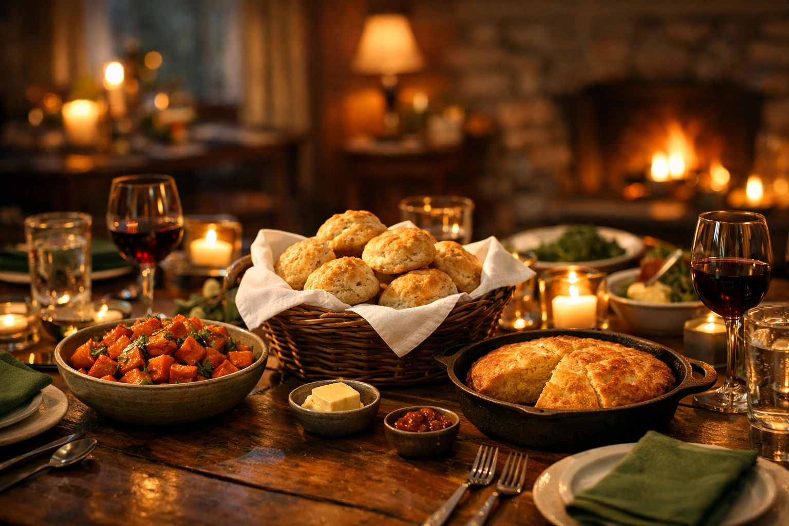 A beautifully set PNW dinner table featuring comfort food catering staples like sweet potatoes, cornbread, and biscuits.