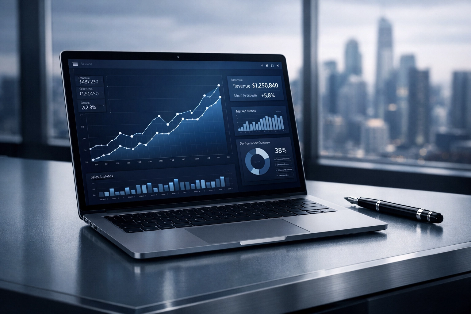 Professional executive desk with a financial dashboard used to manage a fast business loan strategy.