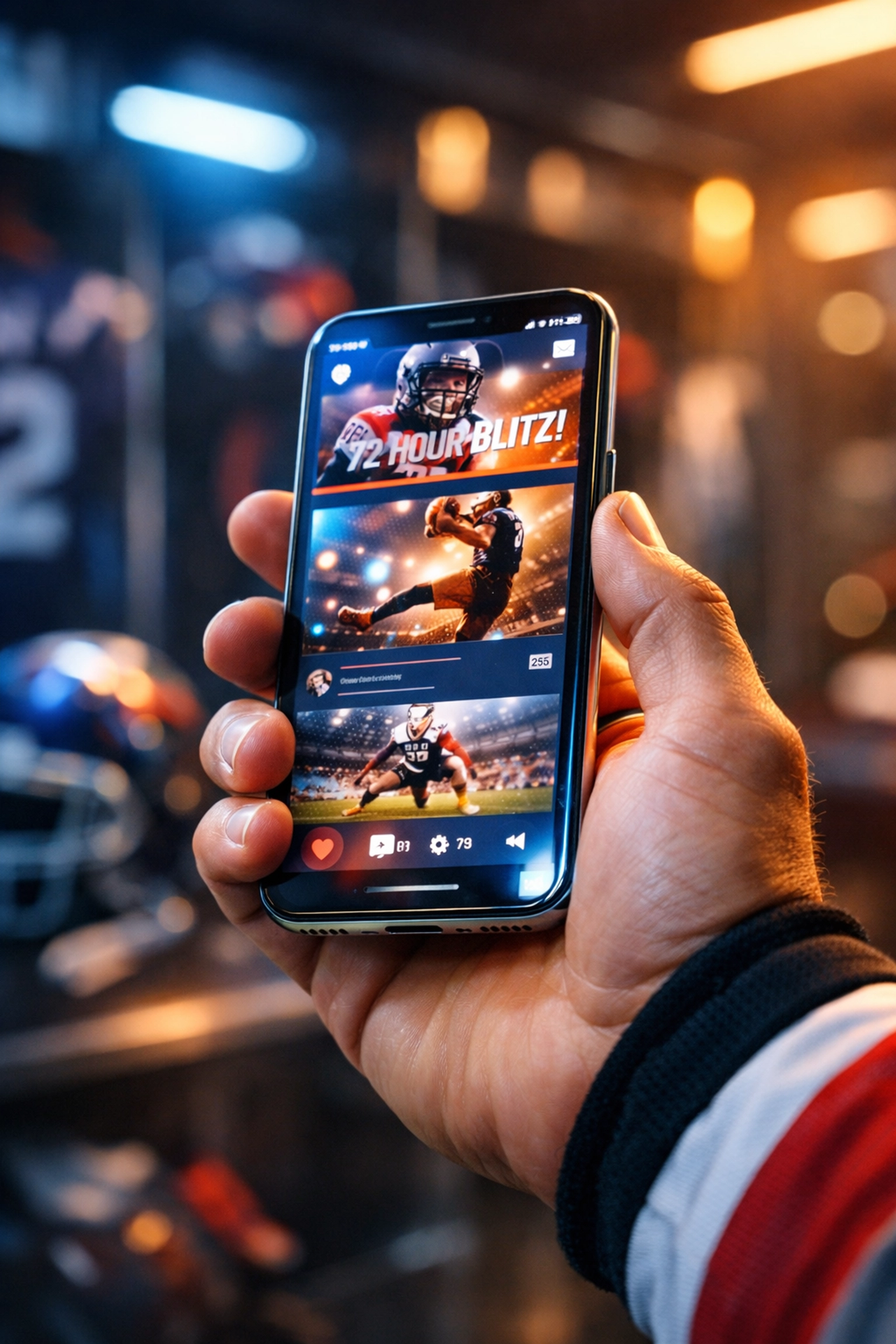 College athlete using a smartphone for social media engagement as part of a coordinated NIL digital blitz.