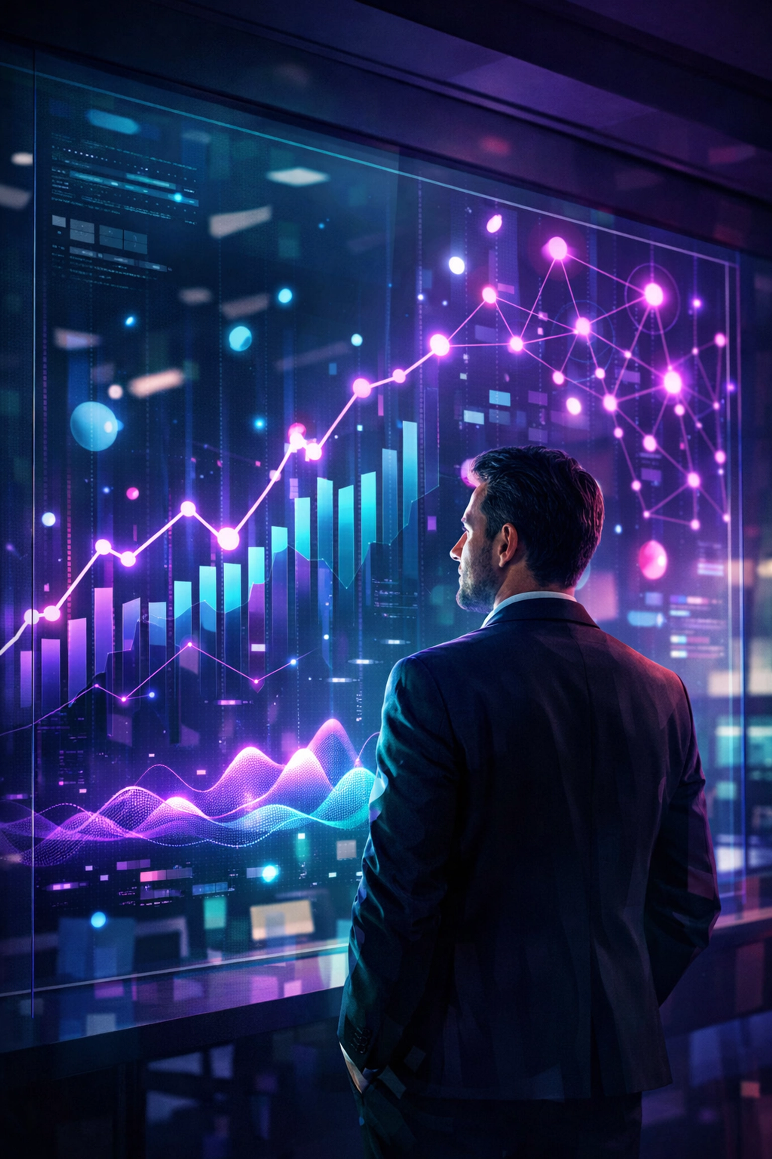 Entrepreneur viewing glowing data charts to track Shopify store analytics and SEO performance.