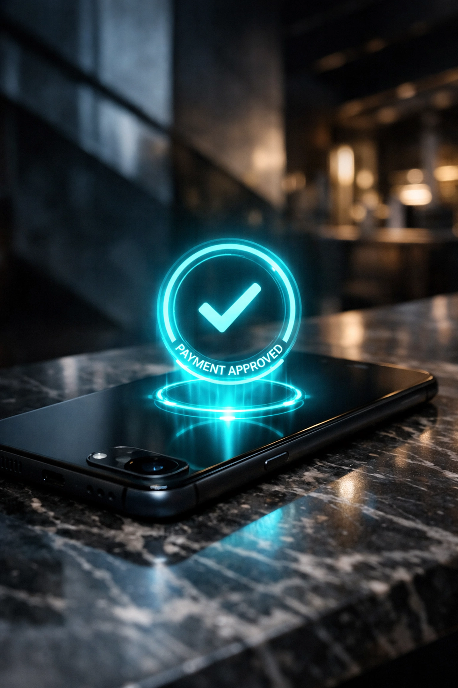 A premium smartphone displaying a seamless digital payment confirmation for a luxury ecommerce checkout experience.