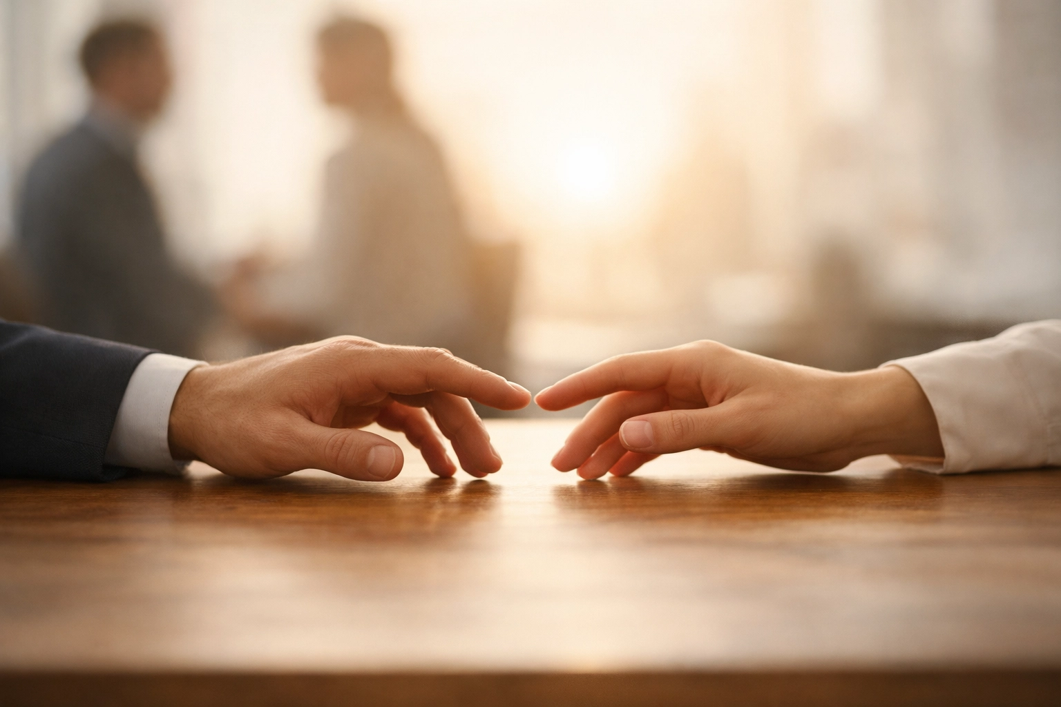 Business partners reaching toward alignment and collaboration for improved company growth