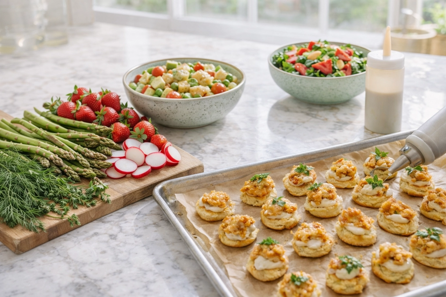 Behind-the-scenes spring prep for Southern-style event catering featuring asparagus, radishes, strawberries, herbs, and light appetizer components.
