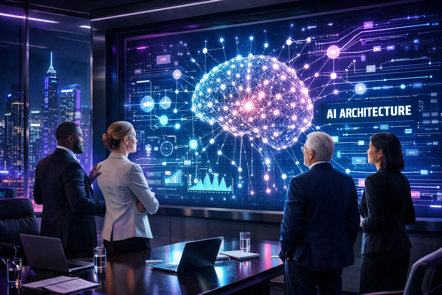Führungskräfte im Unternehmen analysieren eine moderne KI-Architektur für ihre Strategie.