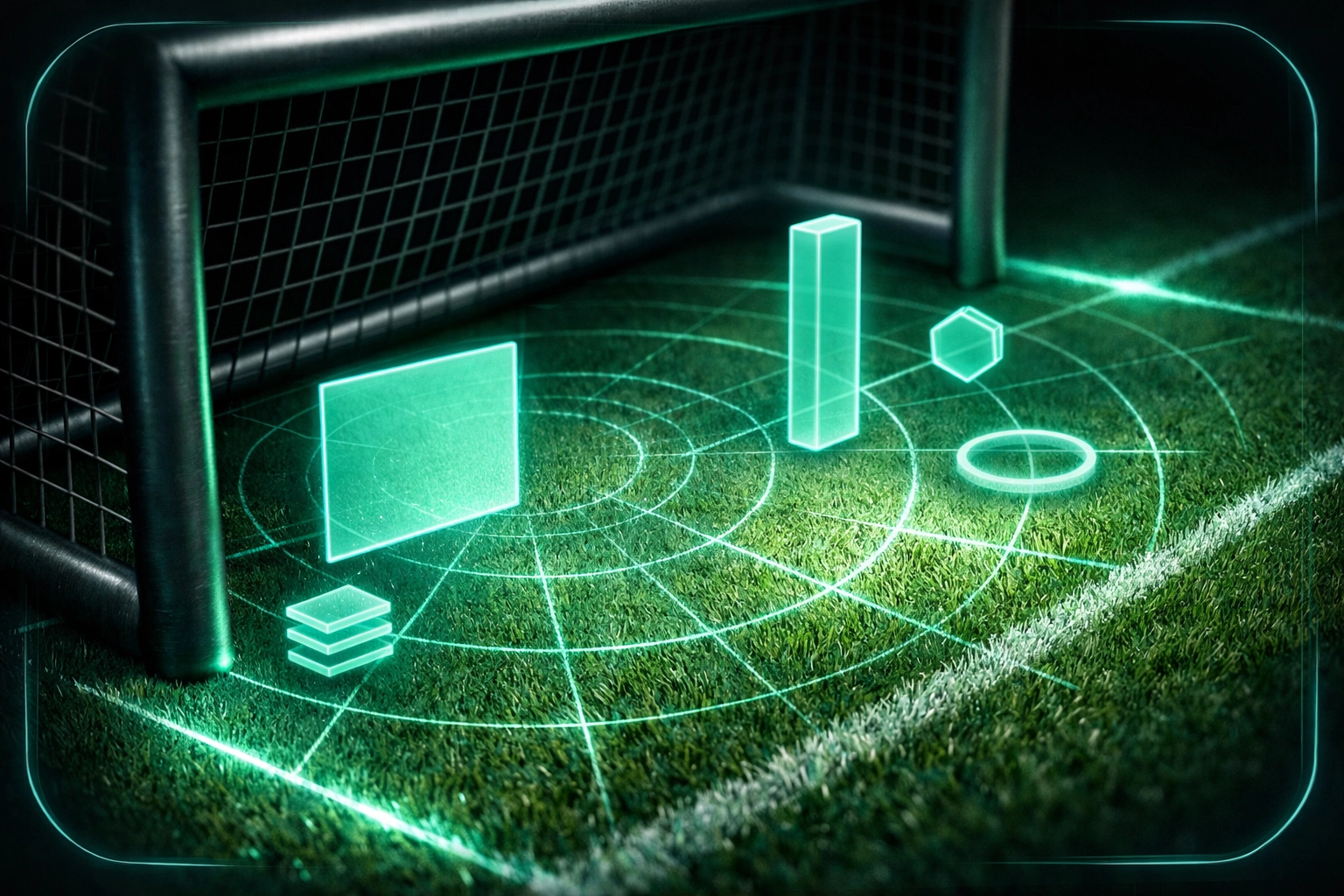 AI football model analyzing high-value goal zones and predictive scoring probability in the goal area.