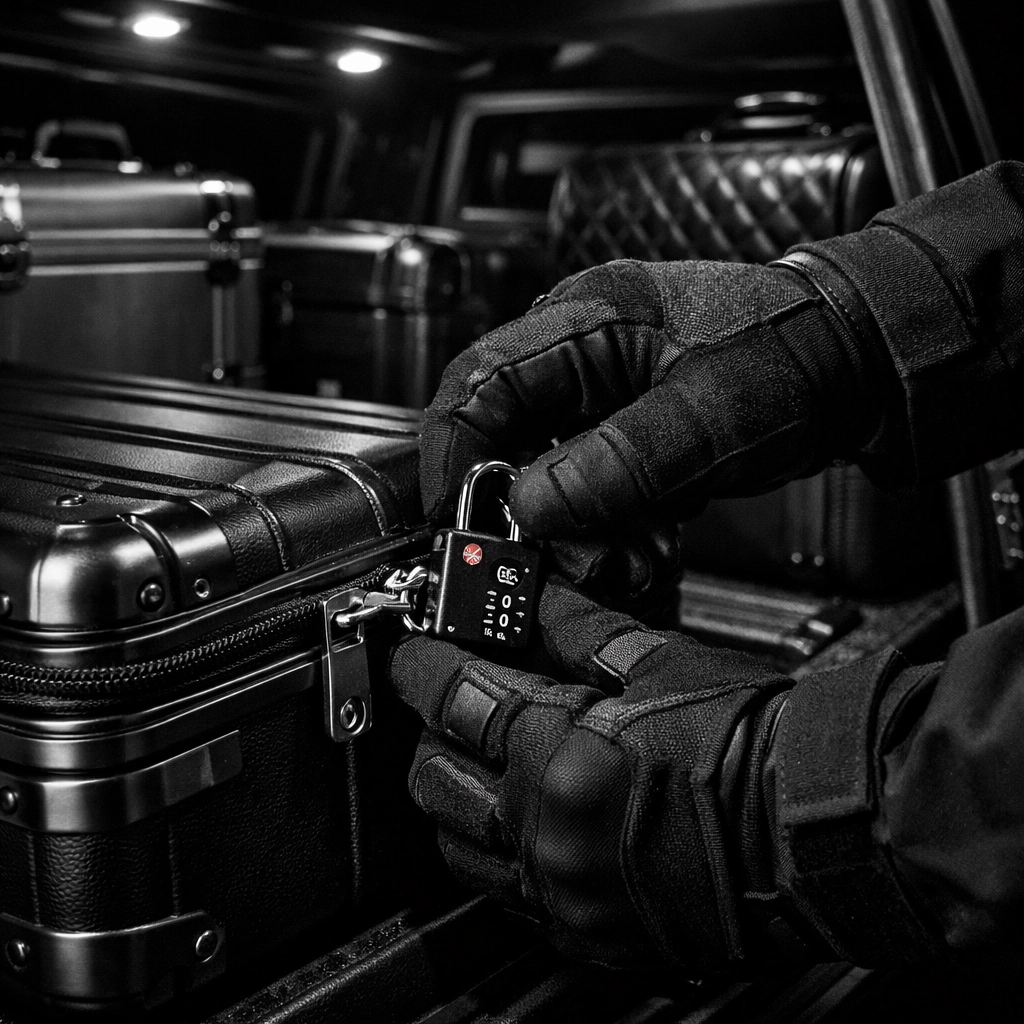 Professional security driver securing luggage in armored vehicle in Medellin