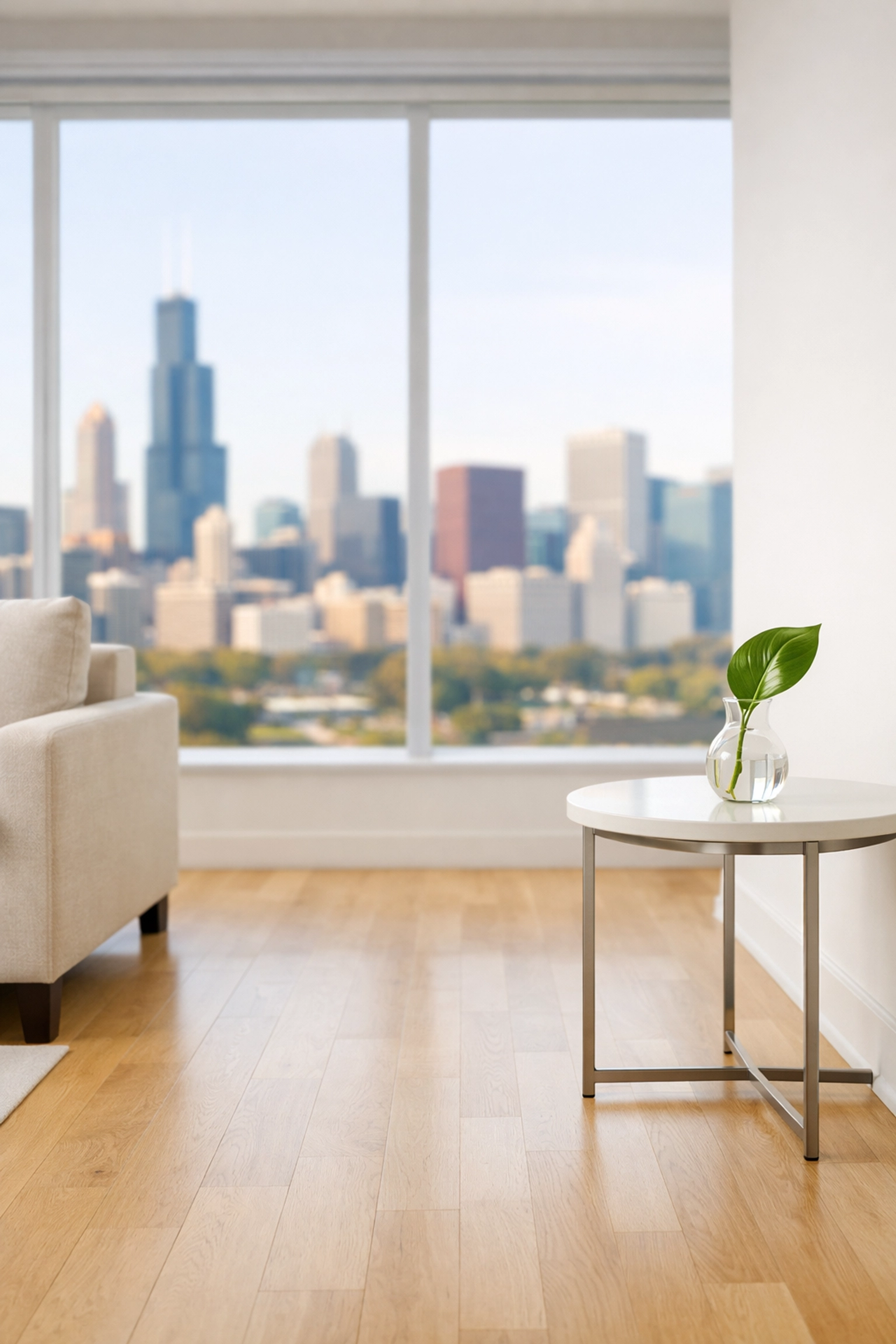 Pristine Chicago apartment living room with skyline views, highlighting high-quality property maintenance.