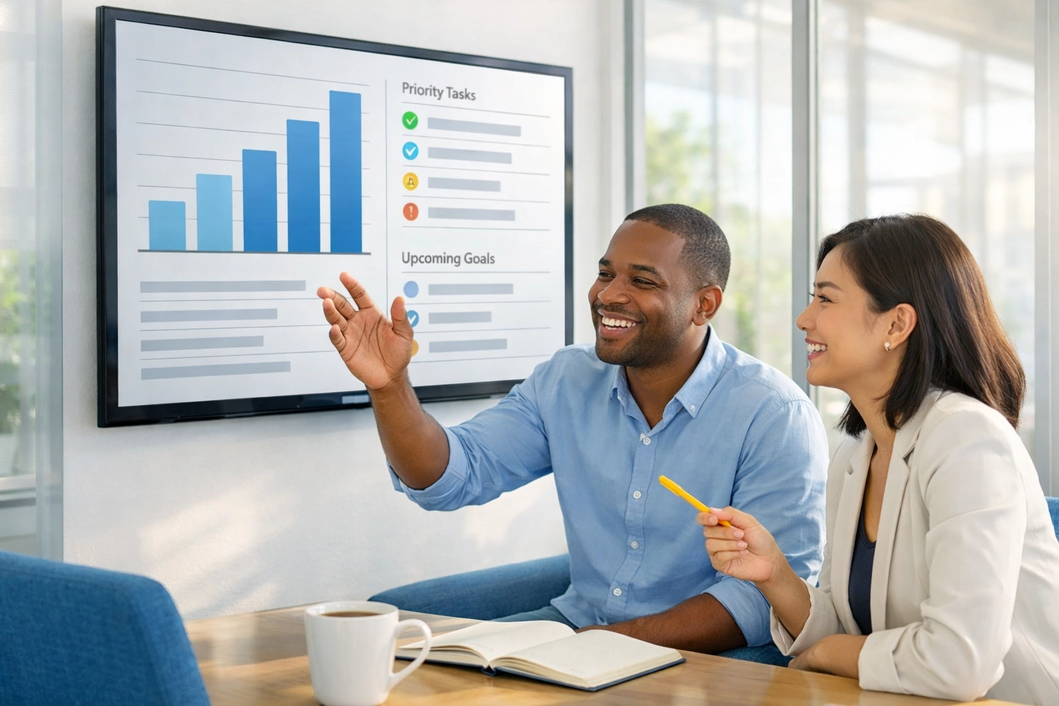 Fundraisers collaborating on a digital dashboard to prioritize donors using wealth and sentiment data.