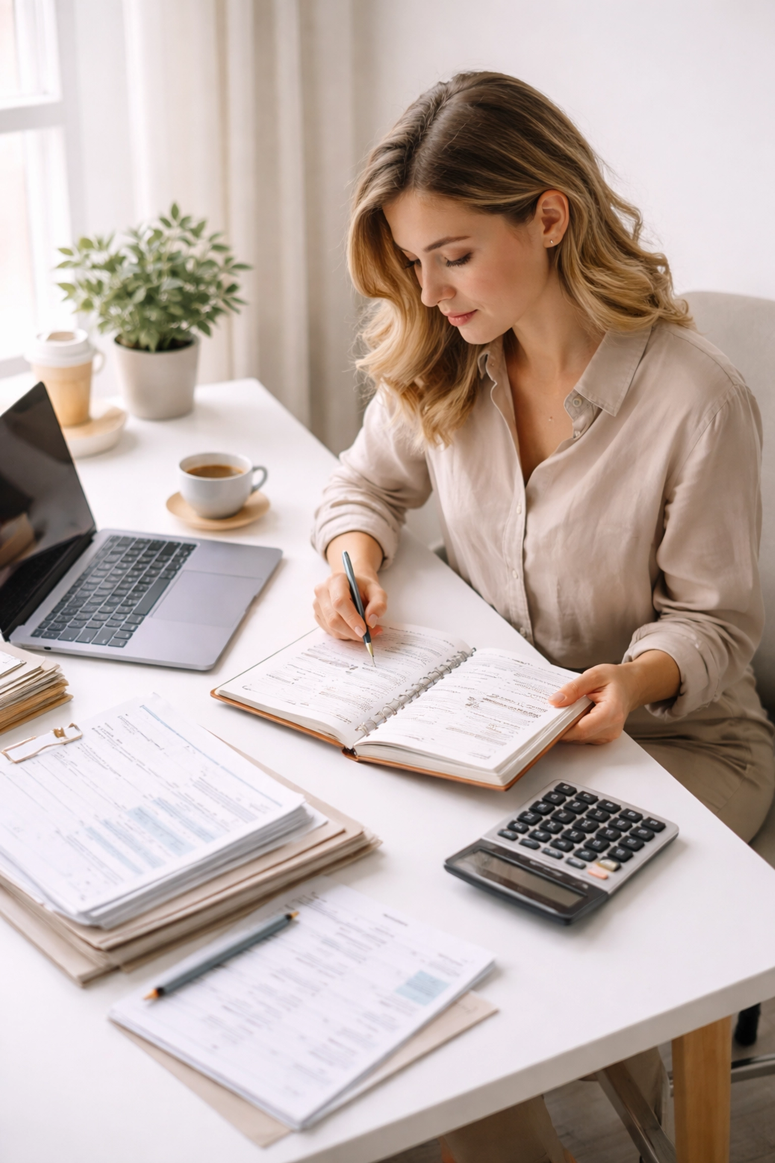 Small business owner at organized desk planning taxes, highlighting proactive tax preparation