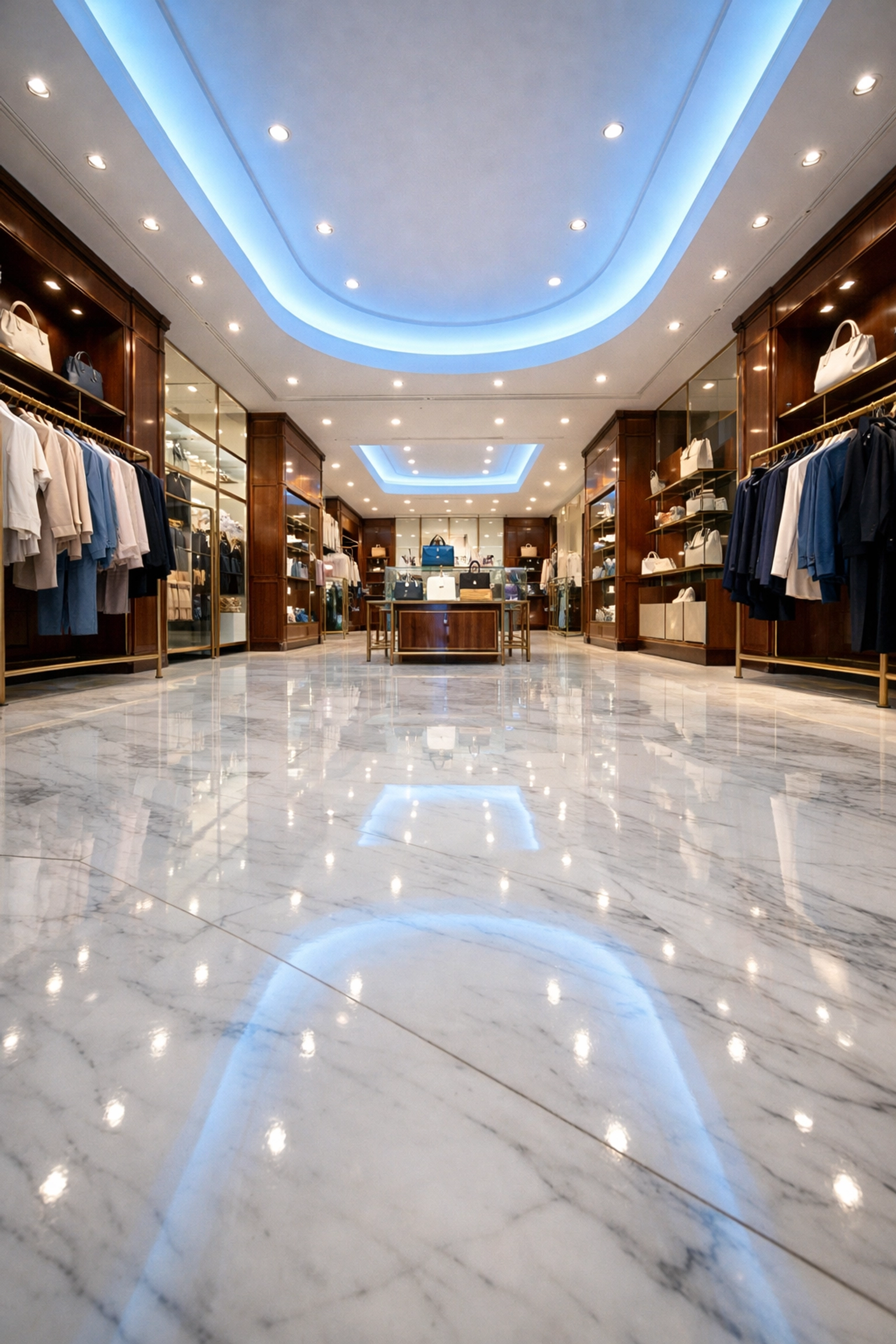 Pristine luxury boutique interior with polished marble floors and dust-free designer shelving.