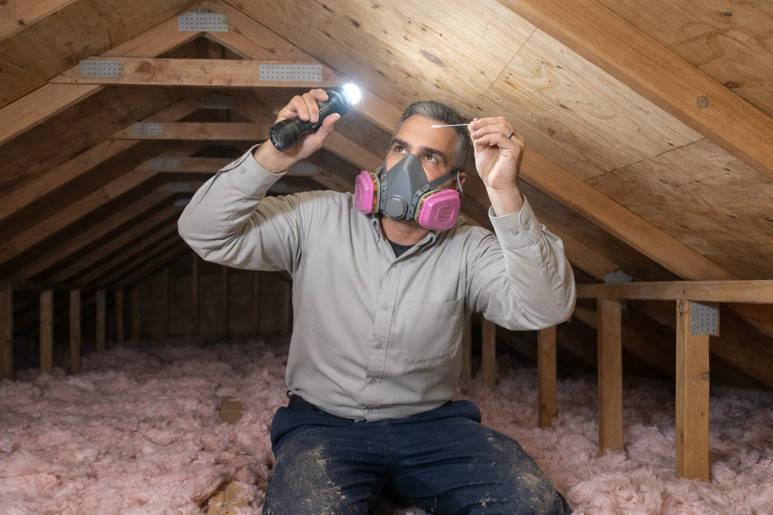 Mastertech Environmental technician inspects attic for mold