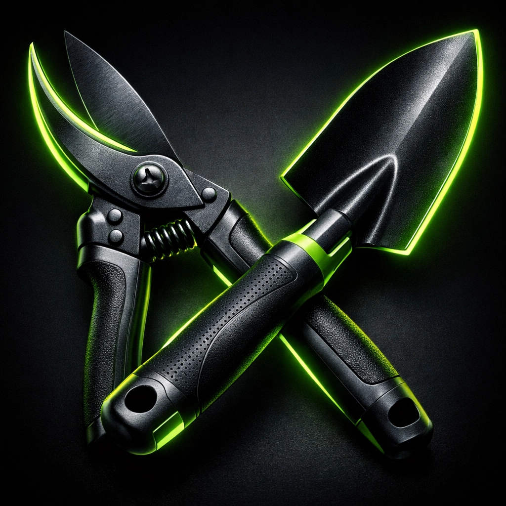 High-contrast professional landscaping tools symbolizing quality lawn care industry standards.