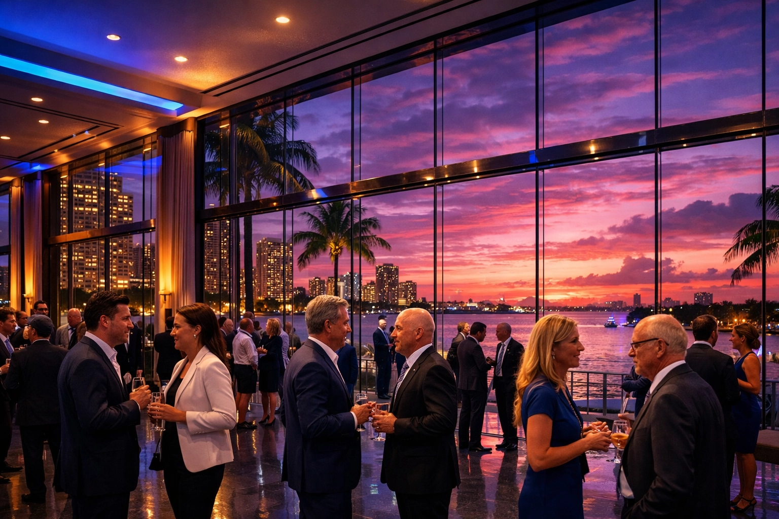 Corporate networking event at a waterfront Miami venue during golden hour photography.
