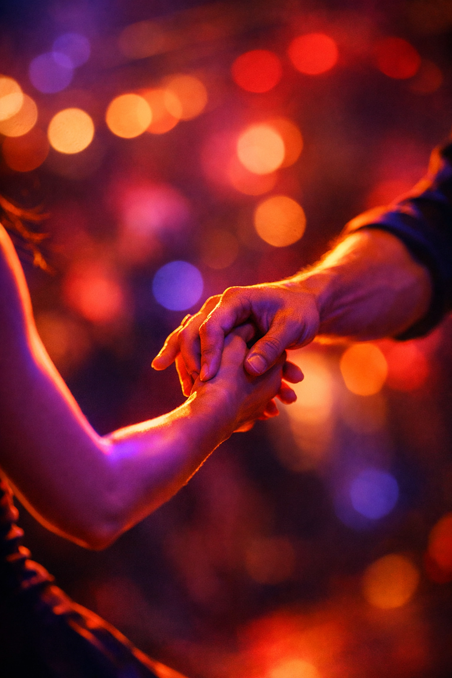 Two dancers' hands connecting during partner dance showing trust and human connection