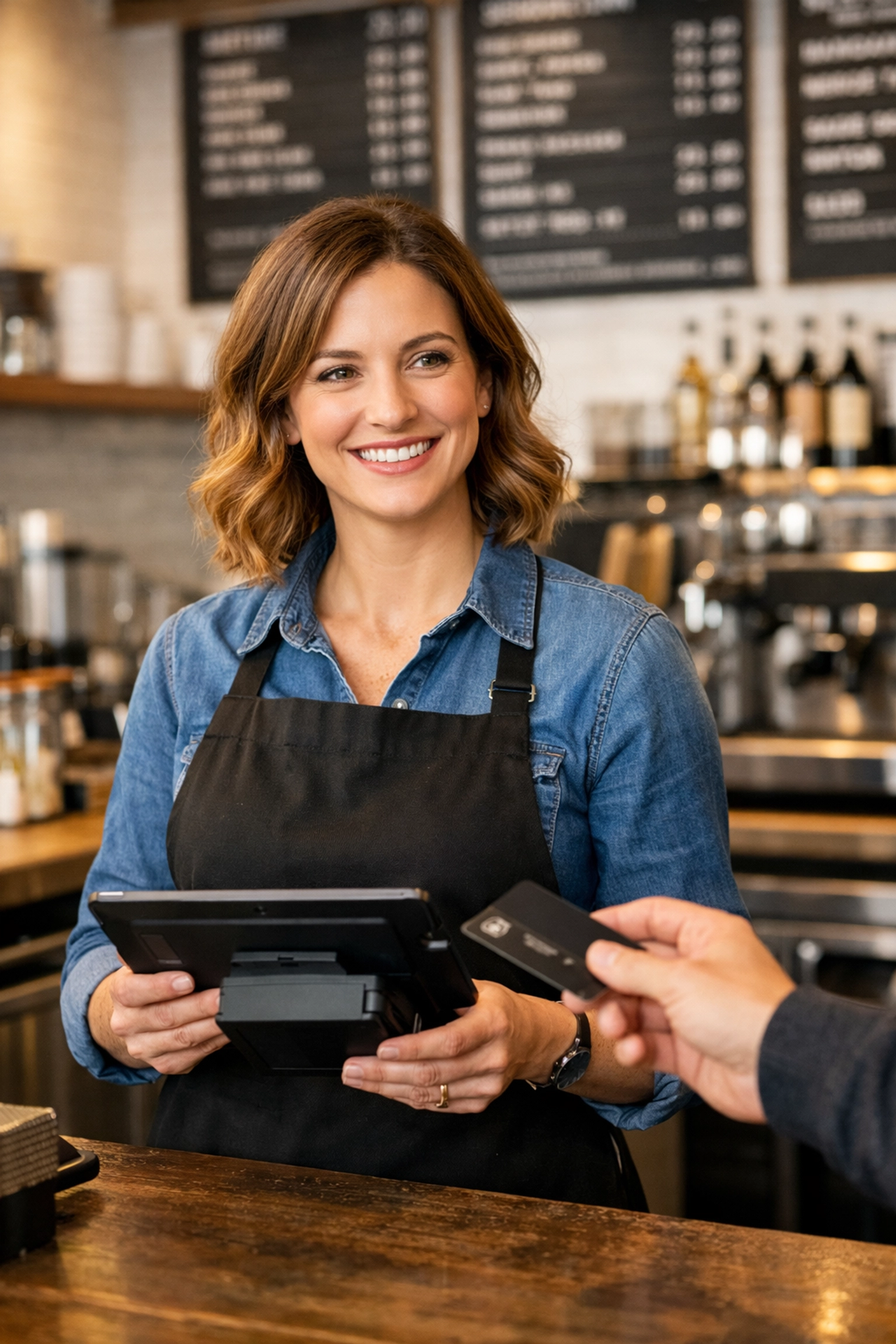 Coffee shop owner using tablet POS system for contactless payment at counter