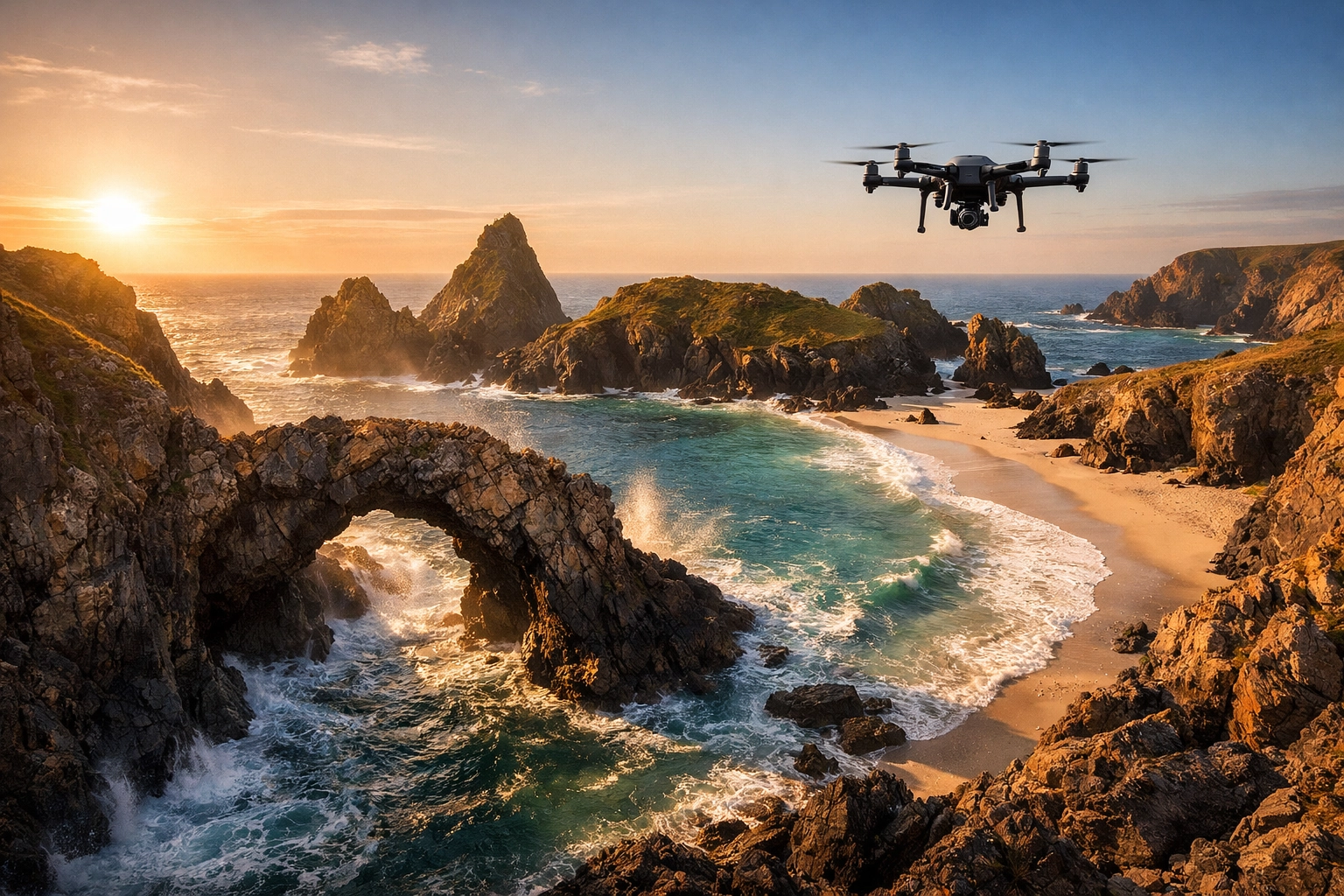 Drone ash scattering ceremony over the turquoise waters of Kynance Cove in Cornwall at sunset.