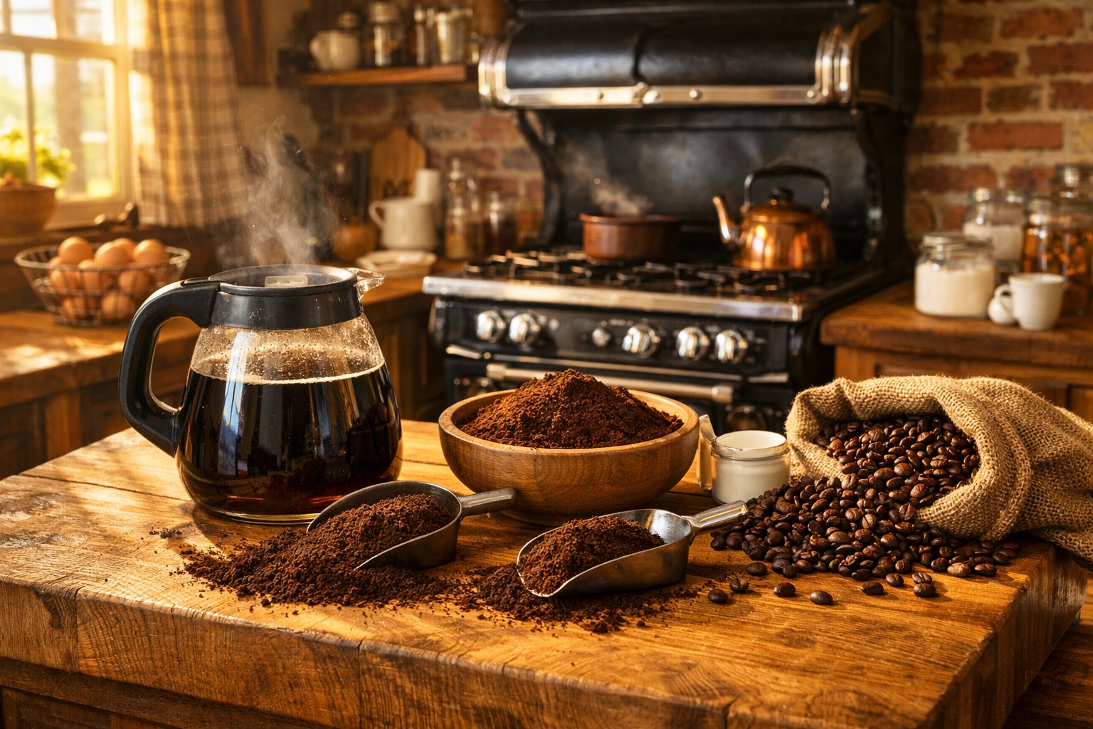 Freshly brewed clean coffee in a sun-drenched rustic kitchen, offering high-quality value.