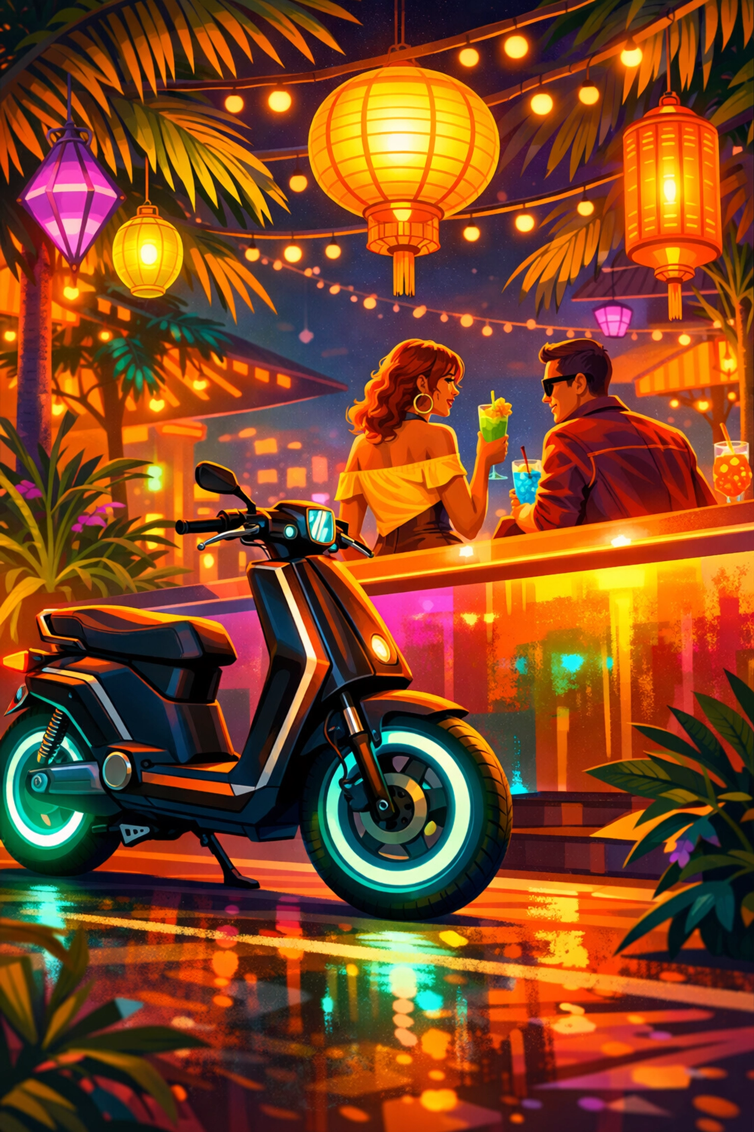 A first date at a vibrant public bar with personal transportation ready for a safe and easy exit.