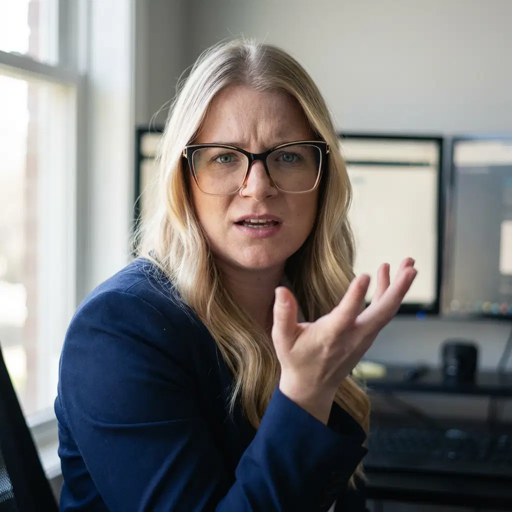 Randi Bagley analyzing dispensary SEO and GEO data in her basement office workspace.