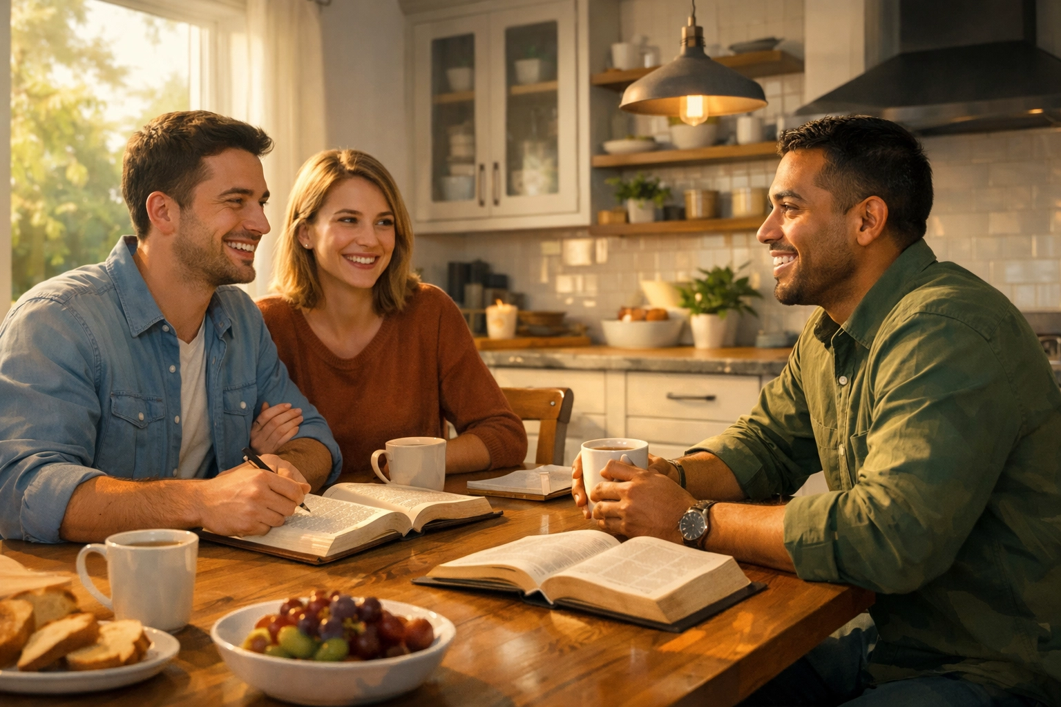 A Christian family sharing a meal and Bible study with a guest, showing God’s compassion at FA Memphis.