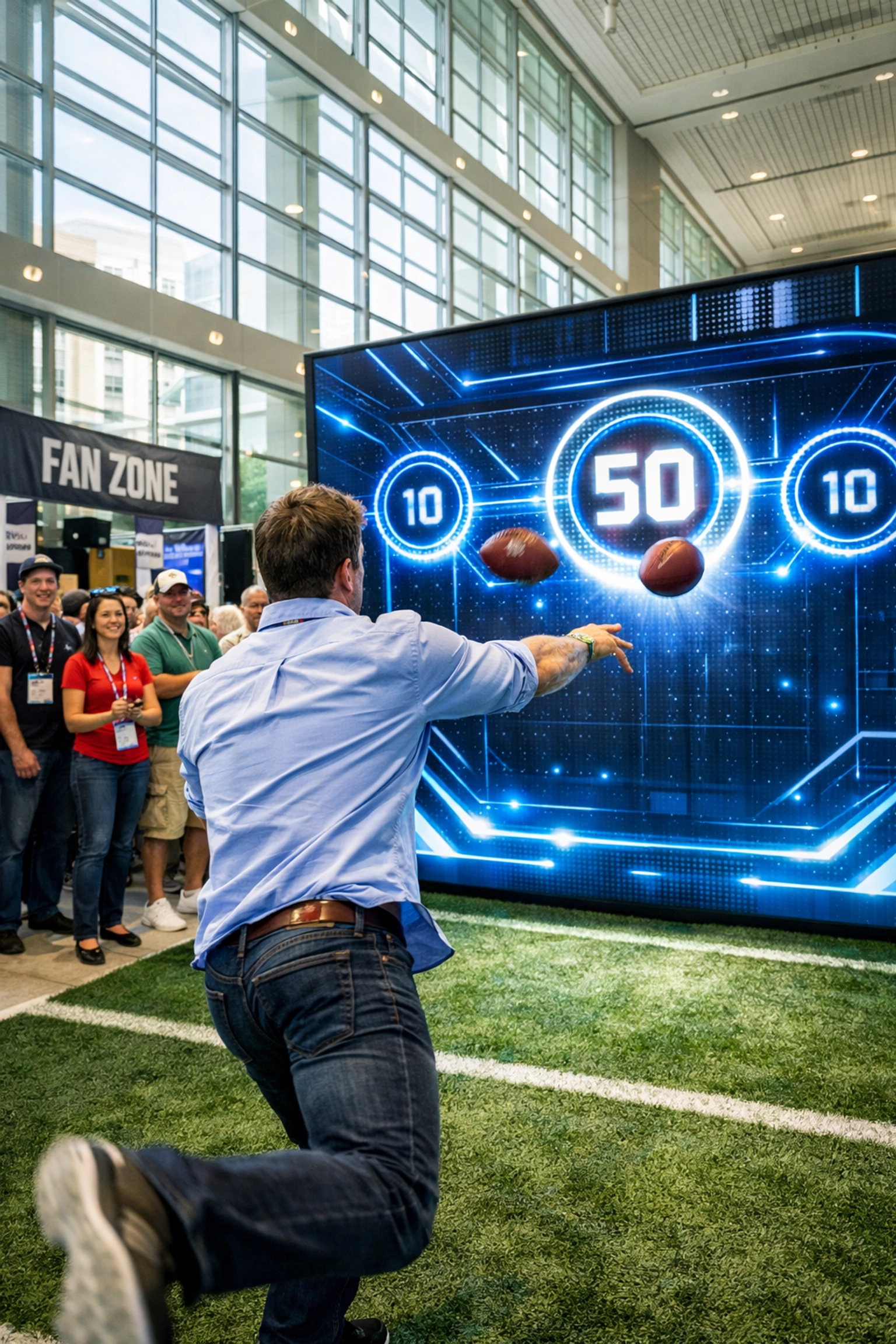 Person engaging with an interactive football digital target at a Super Bowl fan experience event.