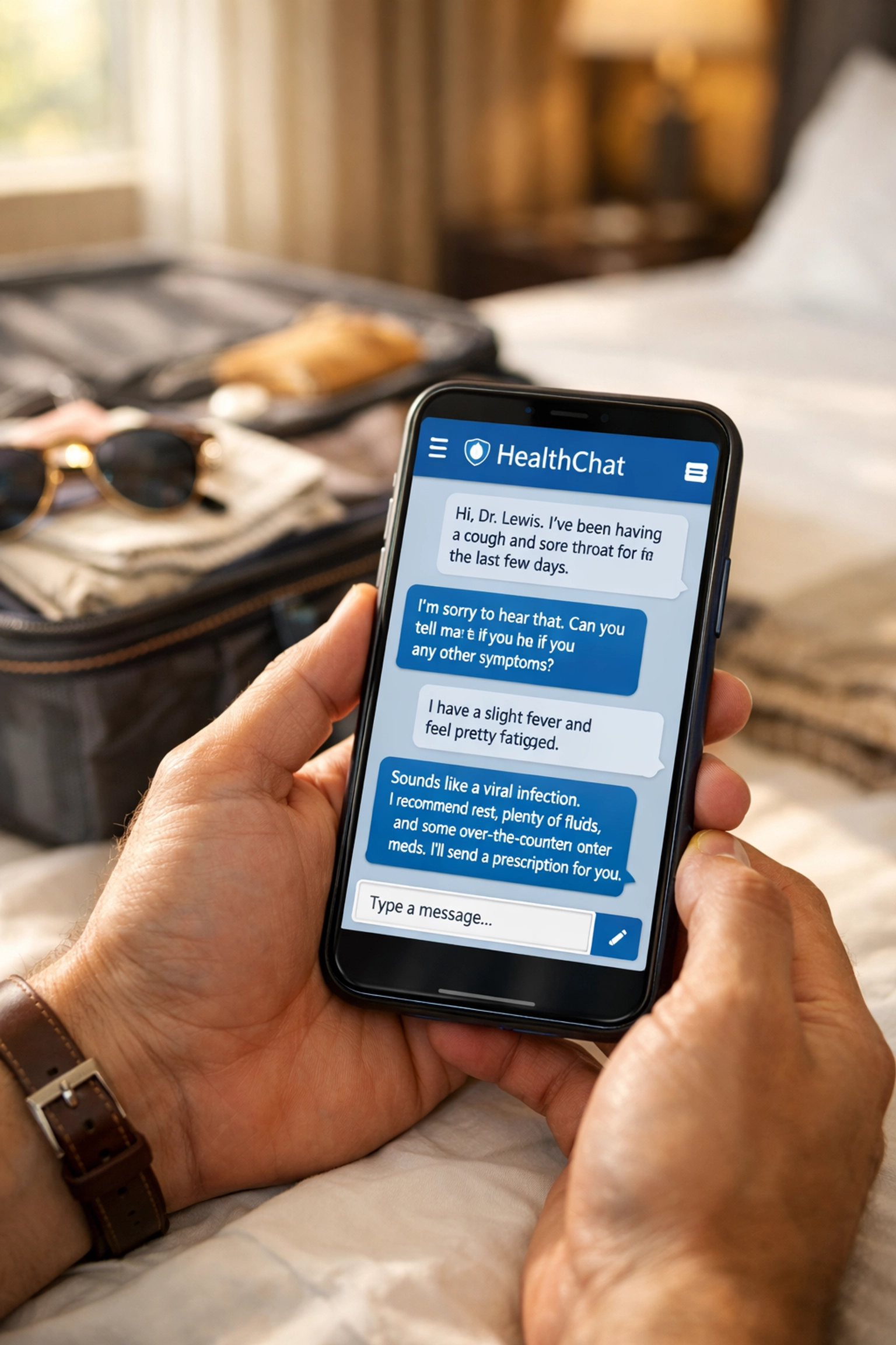 Traveler using secure text-based telehealth on a smartphone in a hotel room for an online prescription.
