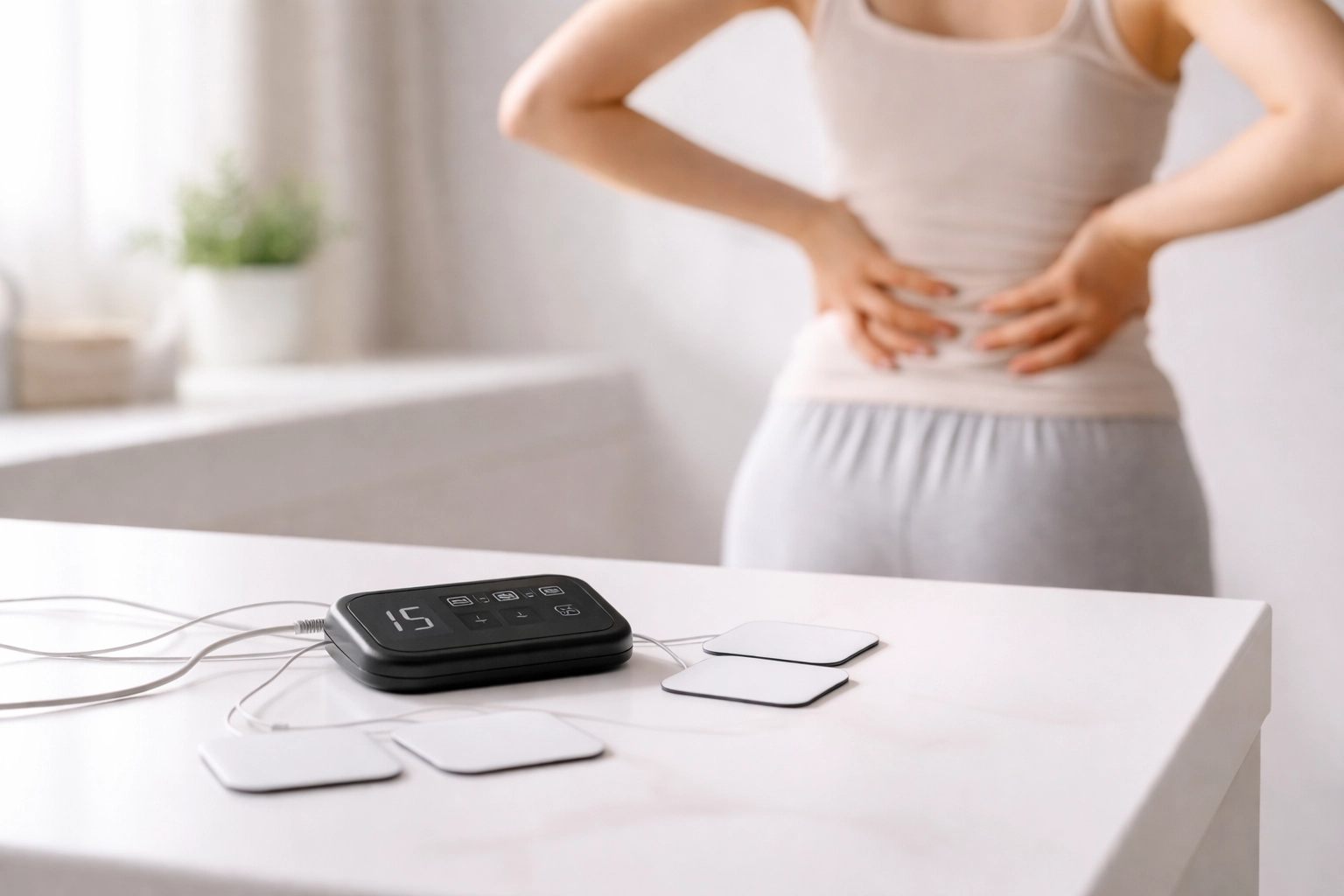 TENS unit on a bathroom counter with a person holding their back, illustrating temporary sciatica pain relief
