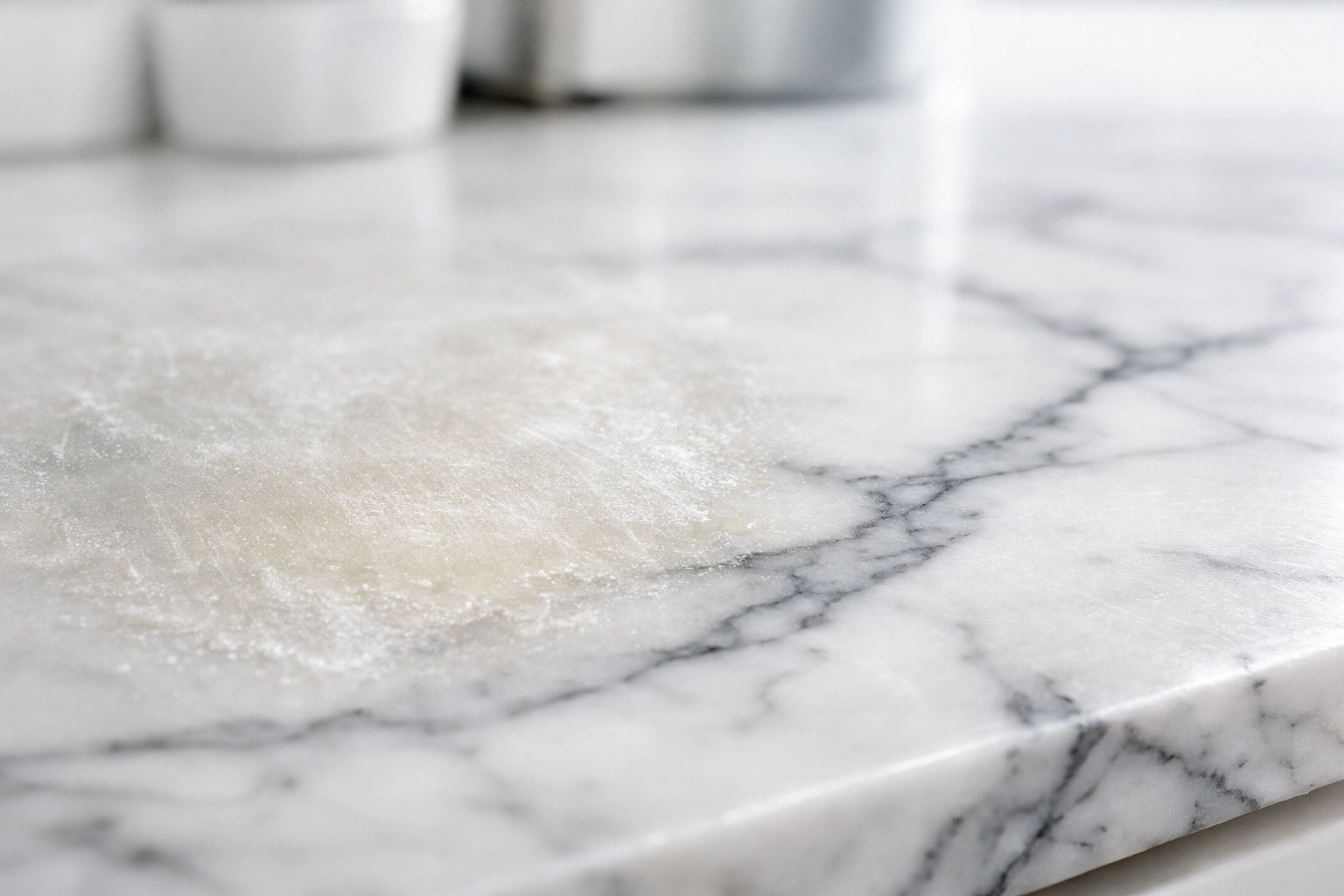 Dull Marble • Master Marble Smeary wax buildup on a dull marble surface illustrating the negative effects of improper stone cleaning • Master Marble