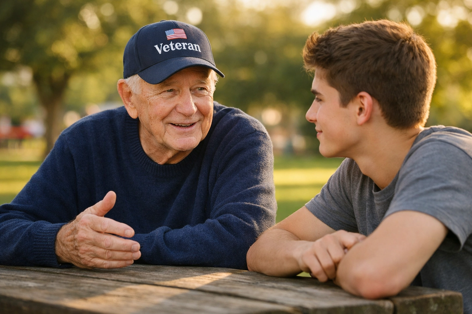 A military veteran mentoring a teenager about civic duty and sacrifice during a park visit.