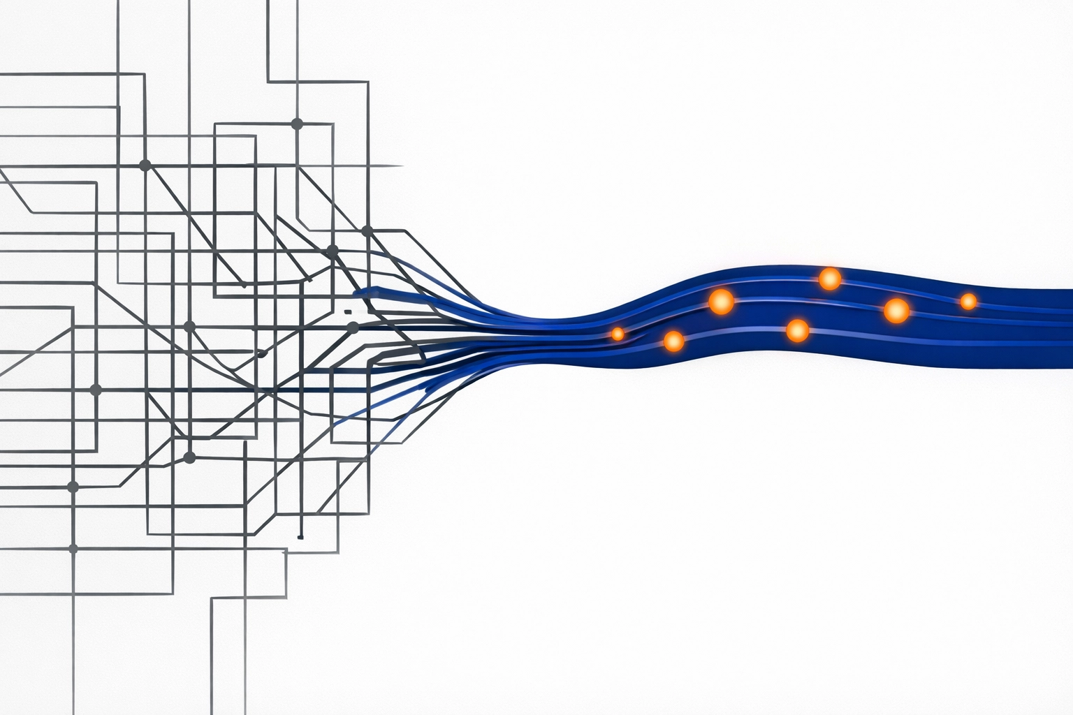 Digital illustration of a chaotic process transforming into a streamlined workflow for custom software solutions.