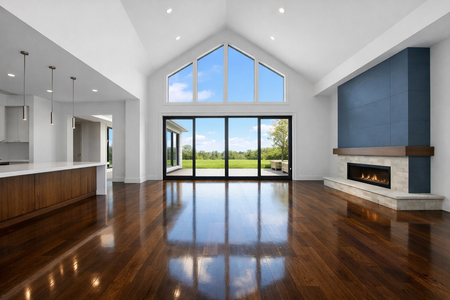 Freshly sanitized living area with polished floors and high ceilings in a new Carlisle estate.