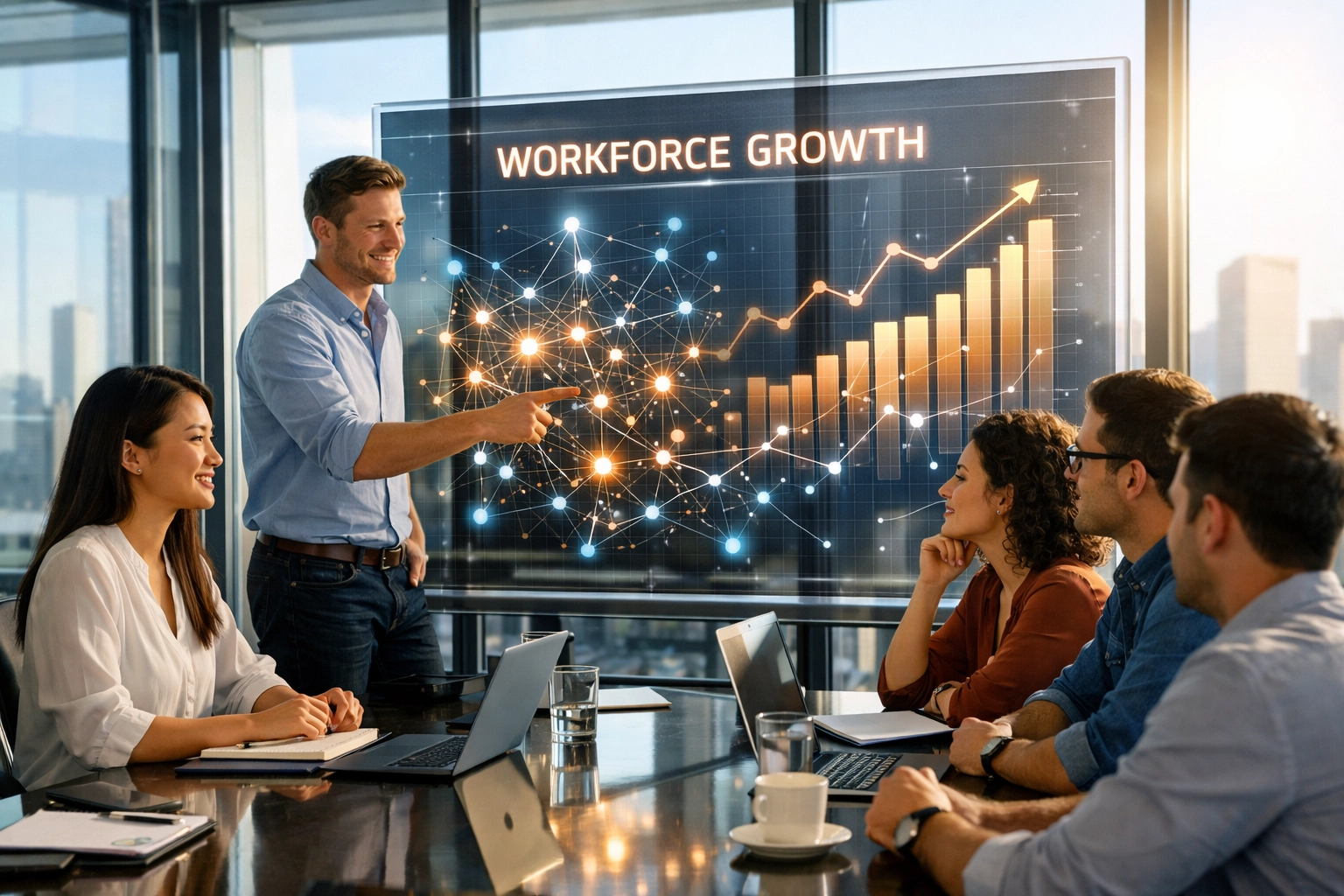 A professional team analyzes a data analytics dashboard to predict future workforce needs and skills gaps.