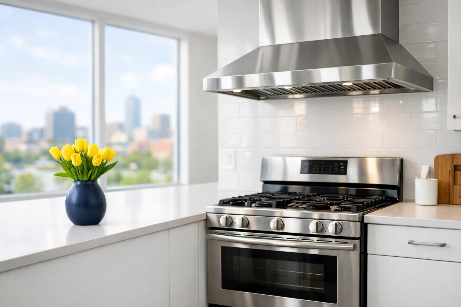 Modern apartment cleaning Massachusetts with a polished stainless steel oven and high-end finishes.