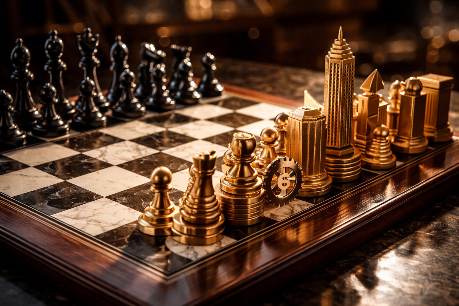 Chess board with financial symbols, reflecting strategic decision-making in customizing a 40/30/30 investment portfolio