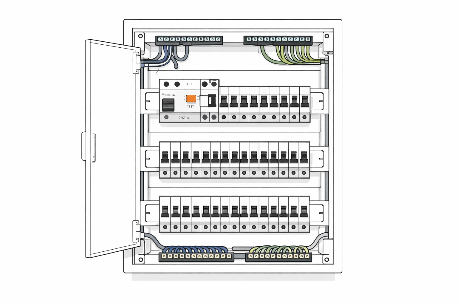 Moderner Elektroverteiler mit FI-Schutzschalter für elektrische Sicherheit im Wiener Altbau.