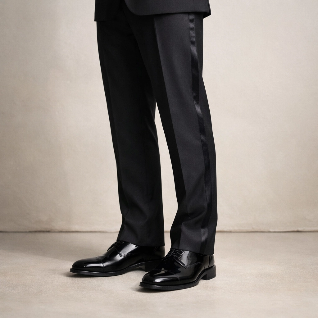 Perfectly fitted black tuxedo pants with satin stripe and proper break at oxford shoes