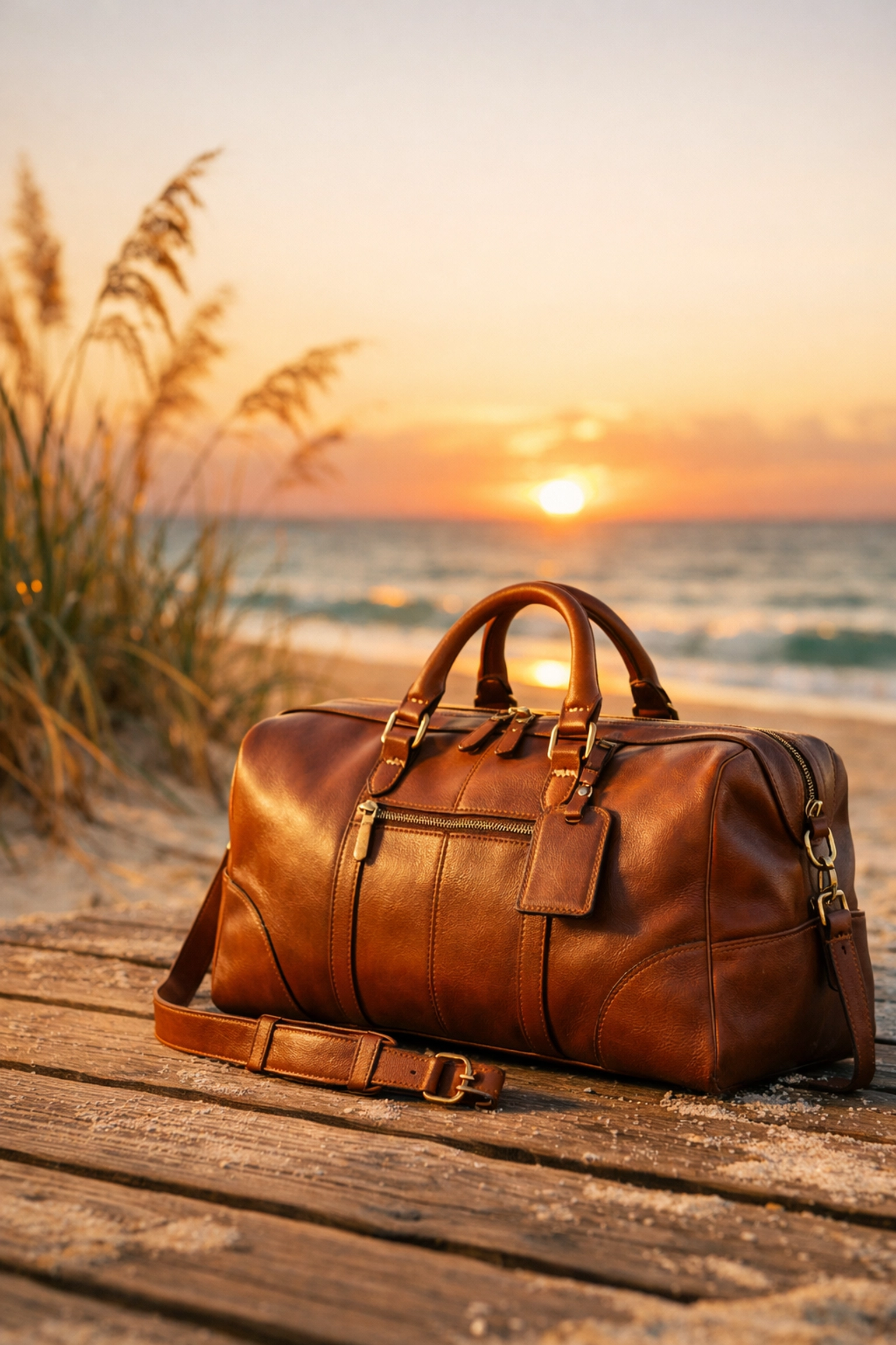 High-end product photography in Miami featuring a luxury bag on the beach during golden hour.
