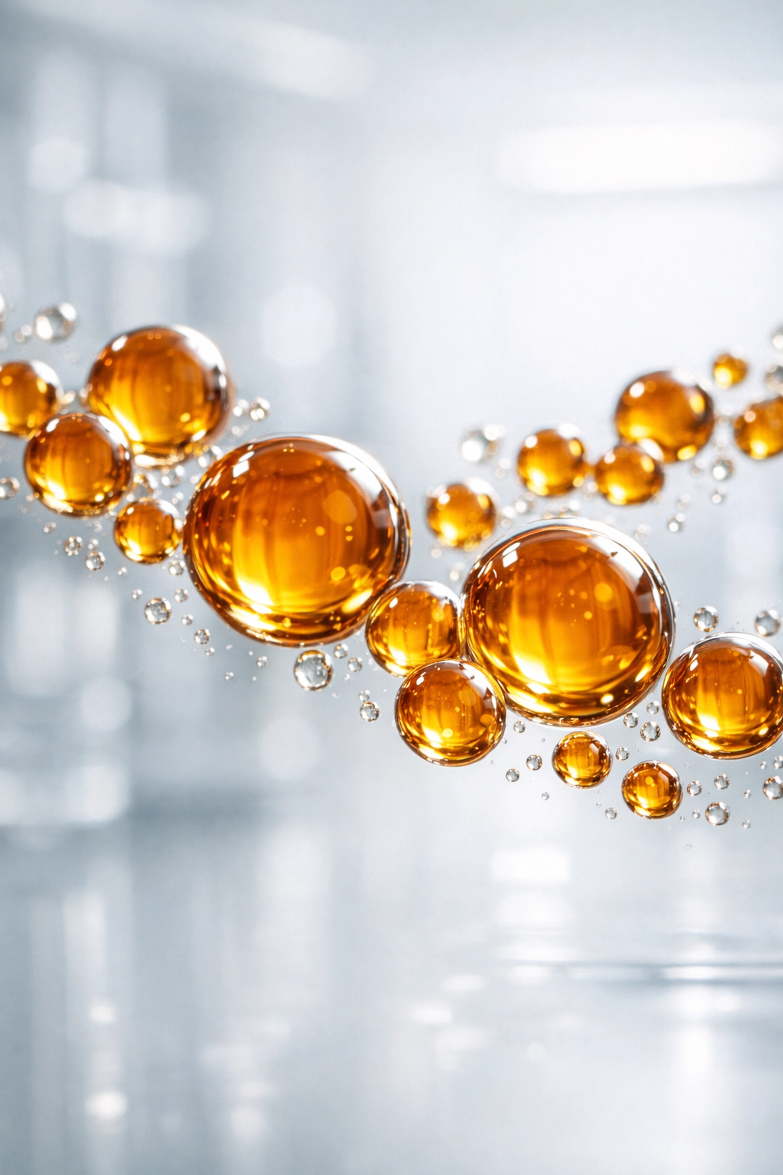 Clinical macro shot of amber droplets symbolizing the natural pulsatile release of Growth Hormone for cellular repair.