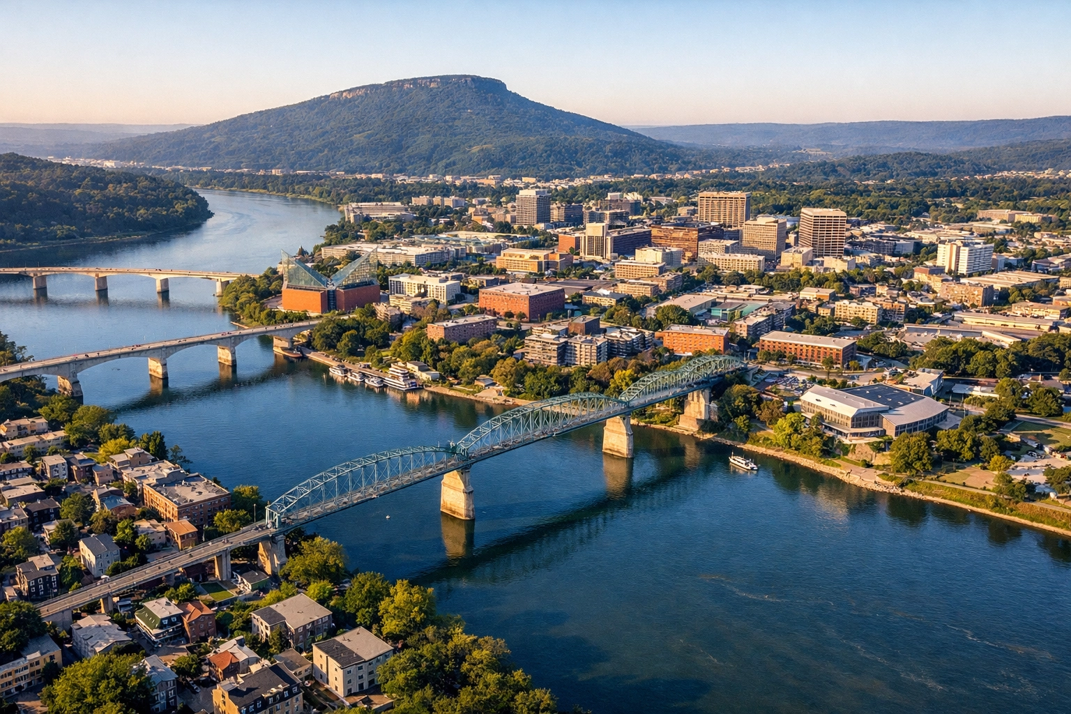 Aerial view of downtown Chattanooga and Tennessee River showing urban growth areas