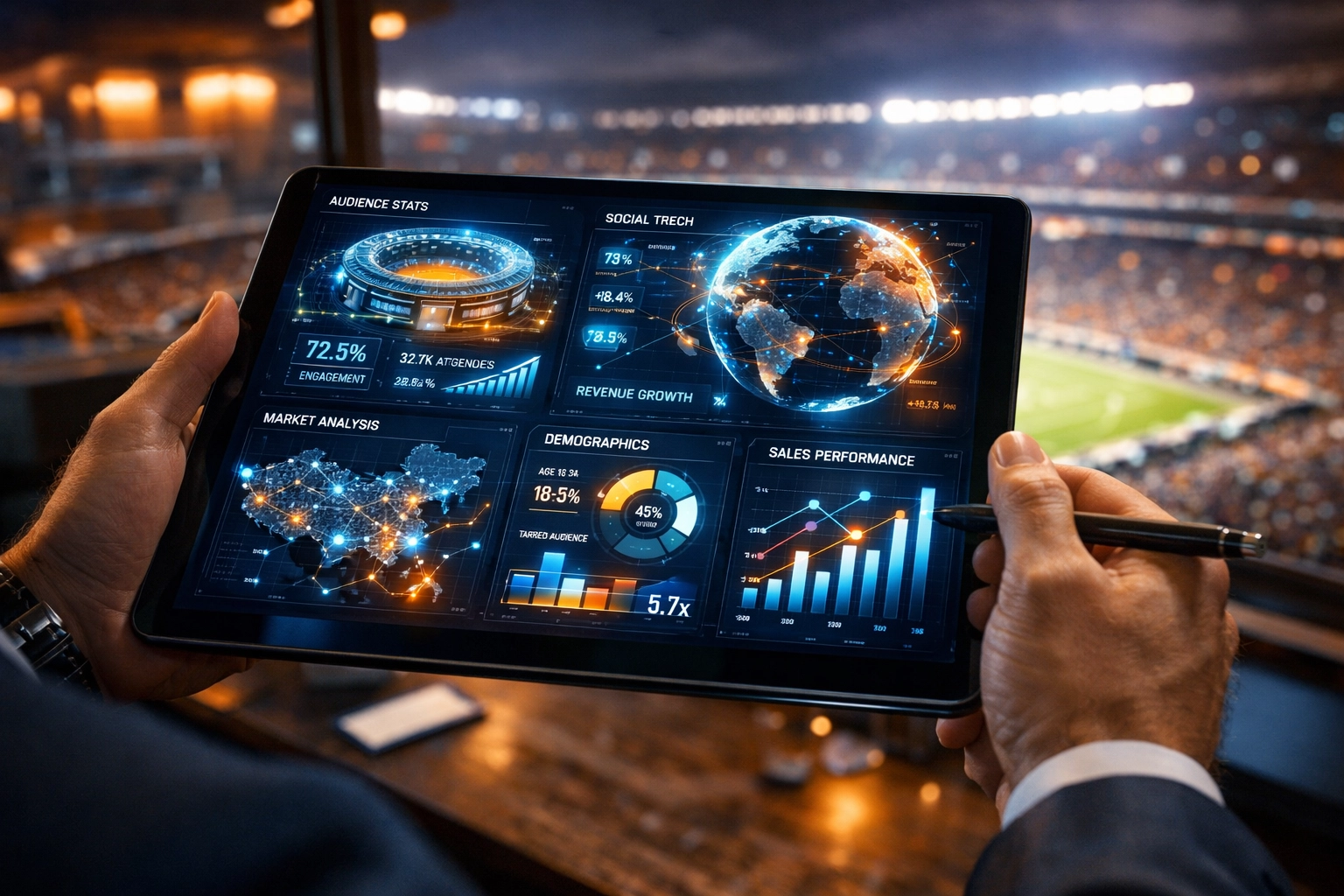 Digital marketing executive reviewing data analytics on a tablet to track sports campaign ROI.