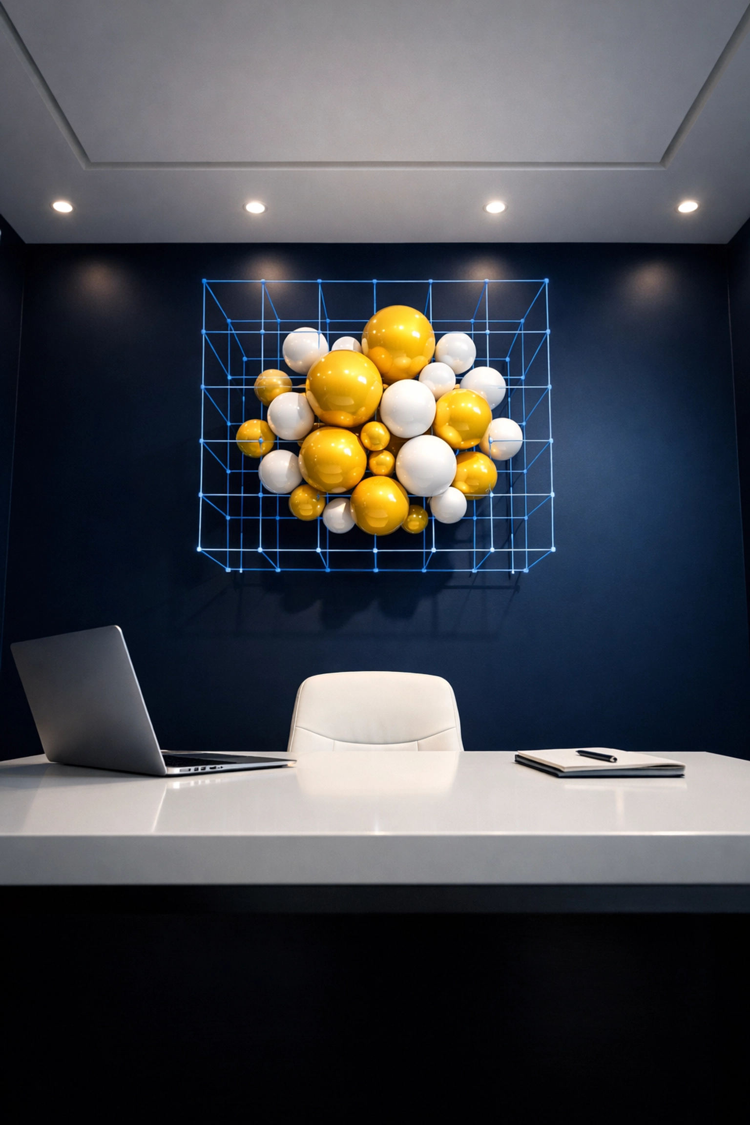 Minimalist home office with a white desk and blue walls optimized by professional office cleaning.