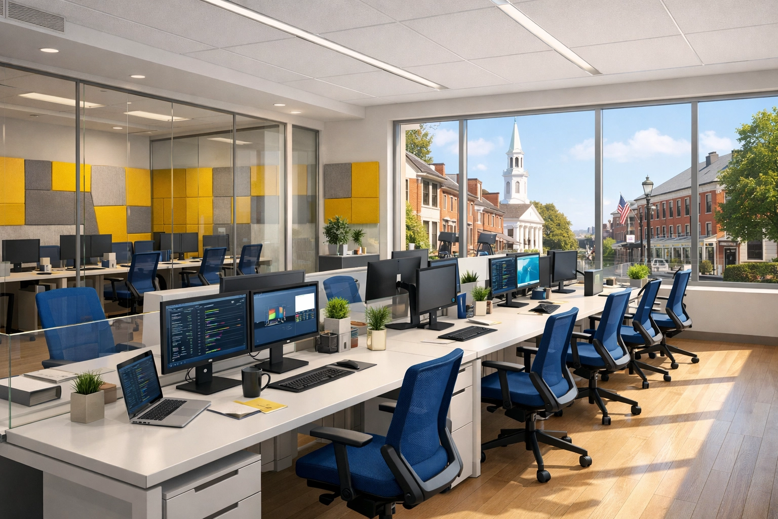 Sanitized open-plan office in Lexington with clean workstations and windows, fostering a healthy work environment.