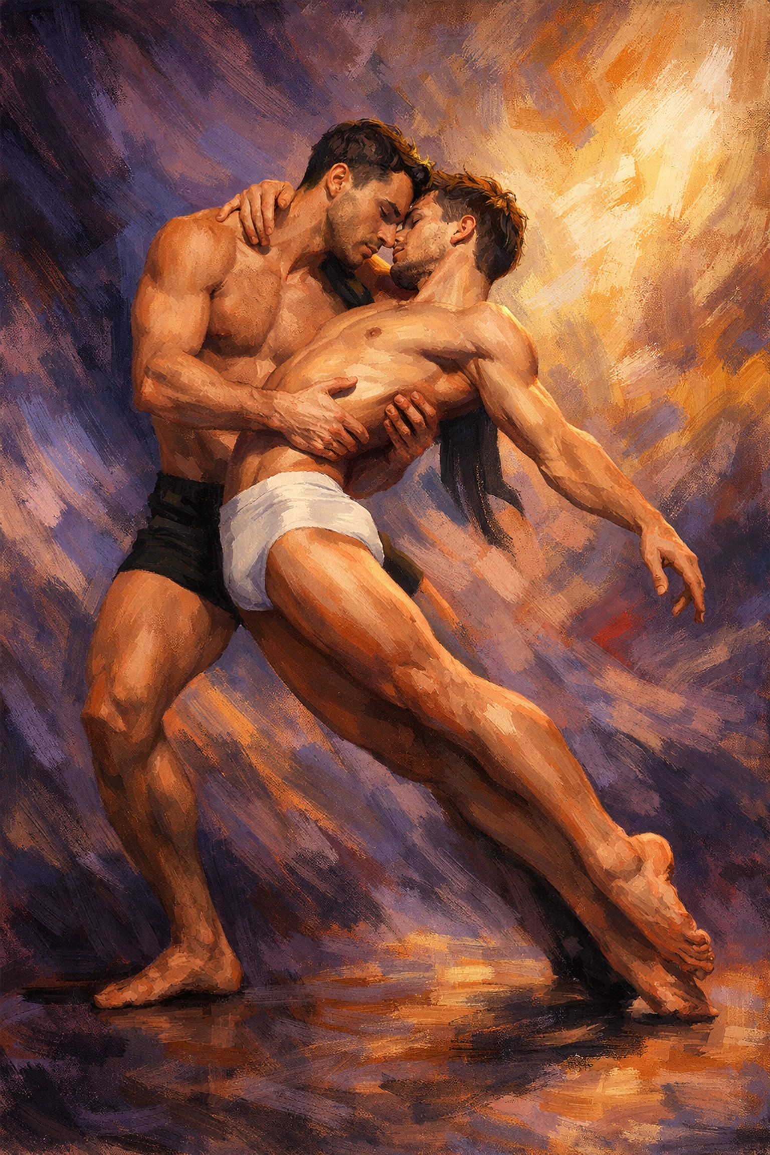 Two men dancing in intimate partner lift - contemporary MM dance romance