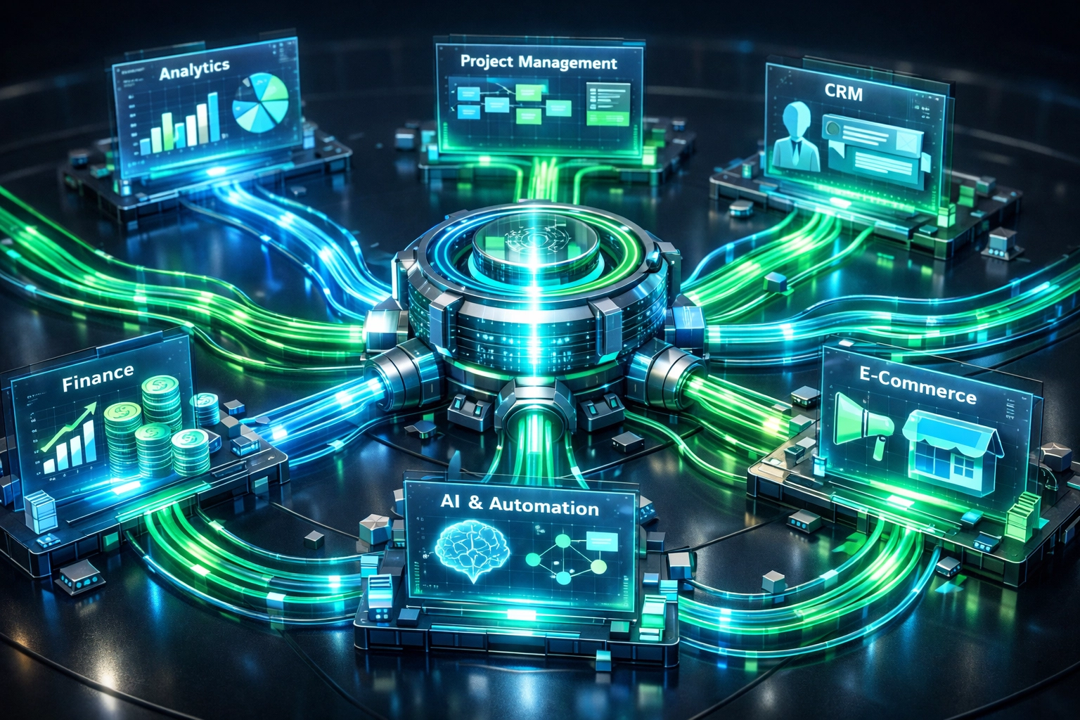 Glowing digital network connecting business functions to illustrate efficient business process automation.