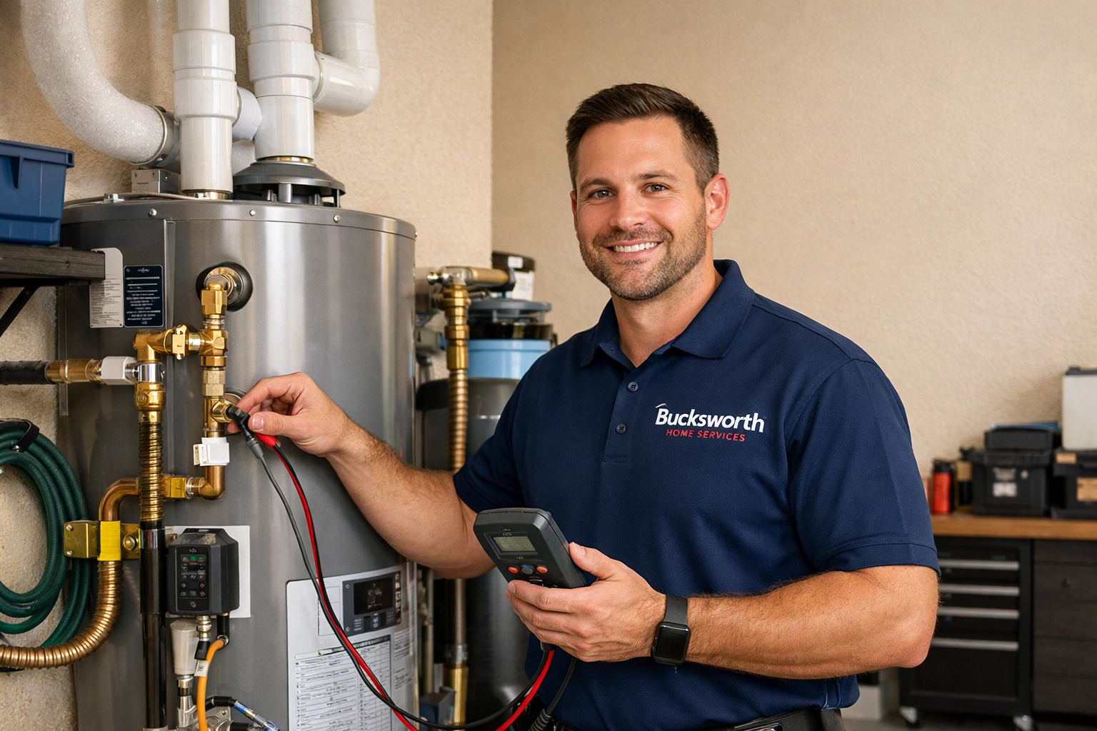 Professional Bucksworth plumber in Peoria AZ performing a water heater inspection in a Vistancia garage.