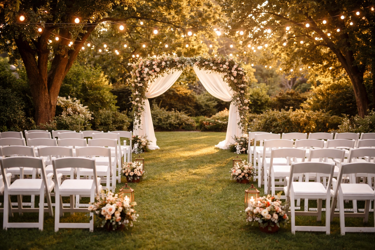 Affordable backyard wedding ceremony setup with white chairs, floral arch, and string lights during golden hour.