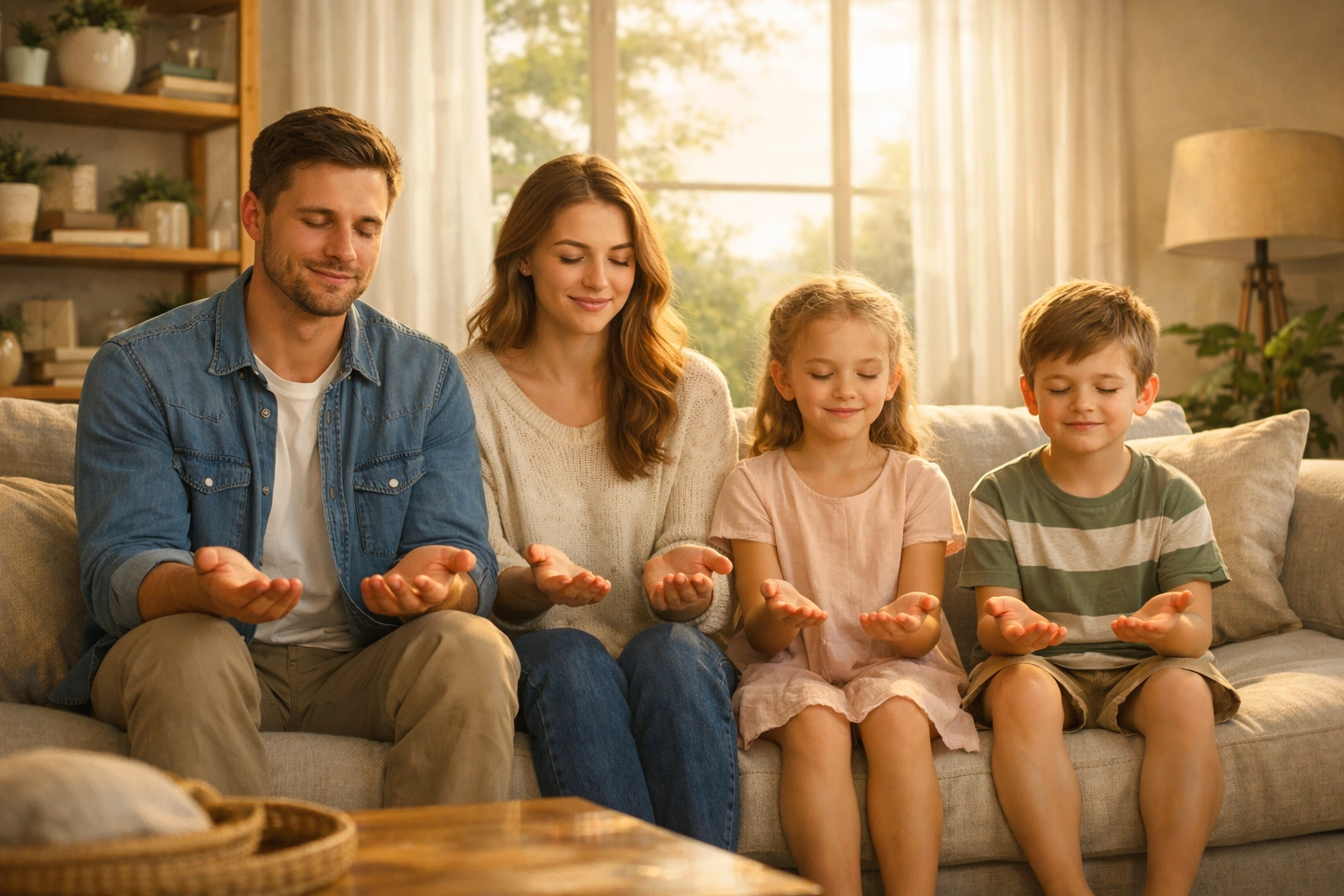 A Christian family prays together in their living room, open to receiving God's spiritual gifts.